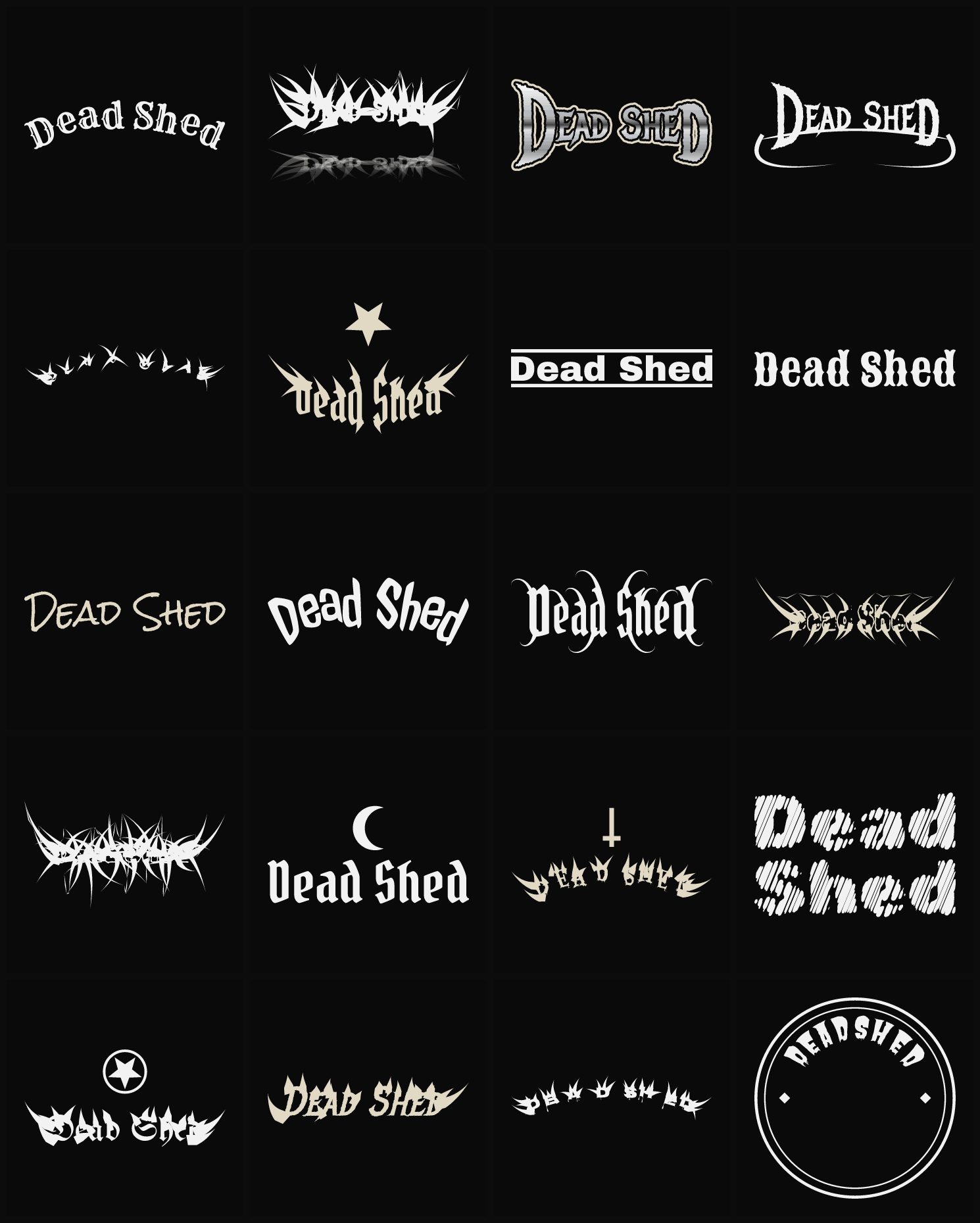 Twenty Dead Shed band logo ideas — different faces, treatments and spike settings