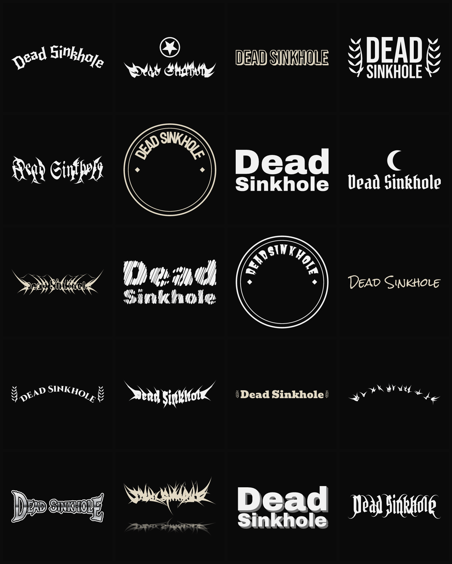 Twenty Dead Sinkhole band logo ideas — different faces, treatments and spike settings