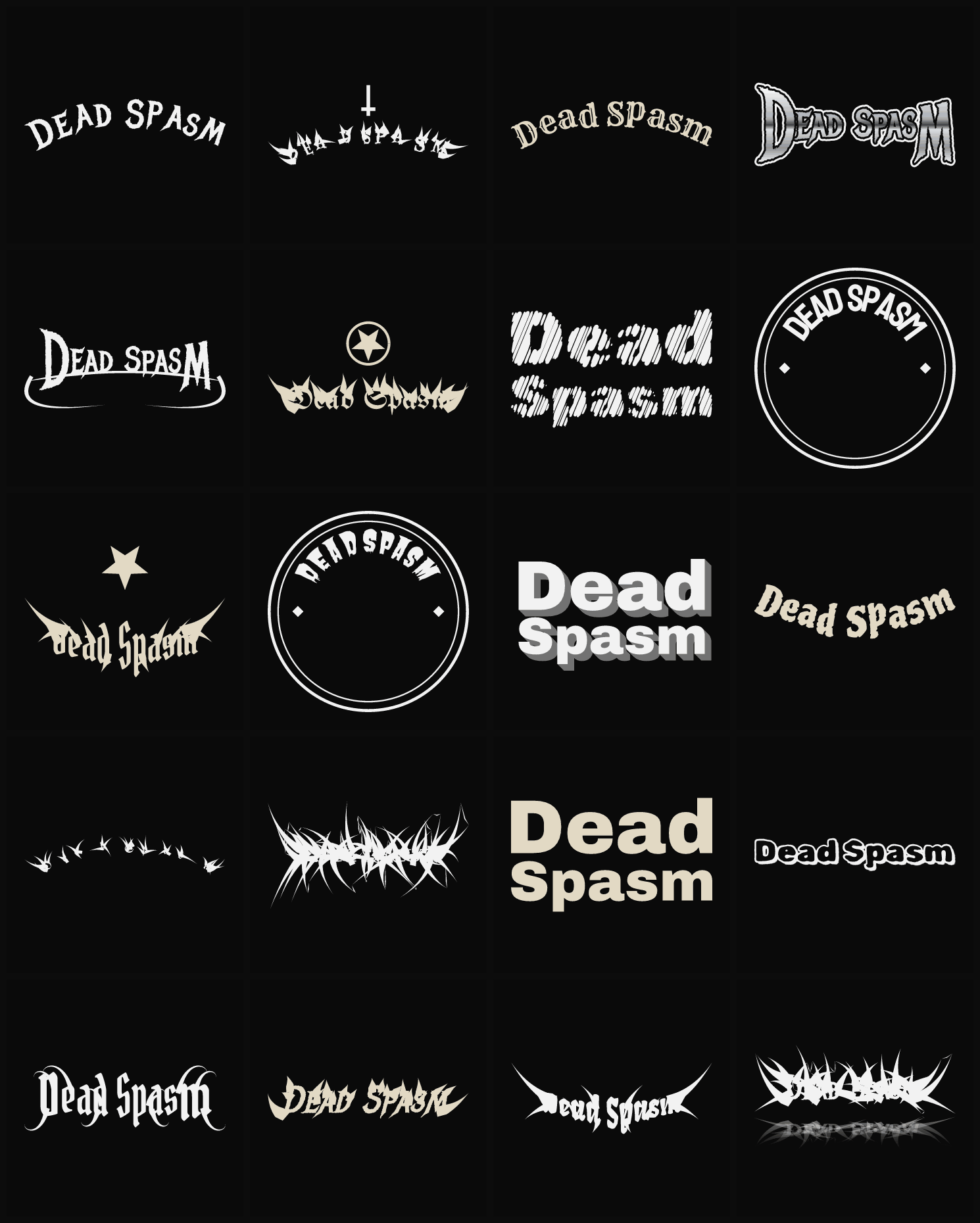 Twenty Dead Spasm band logo ideas — different faces, treatments and spike settings