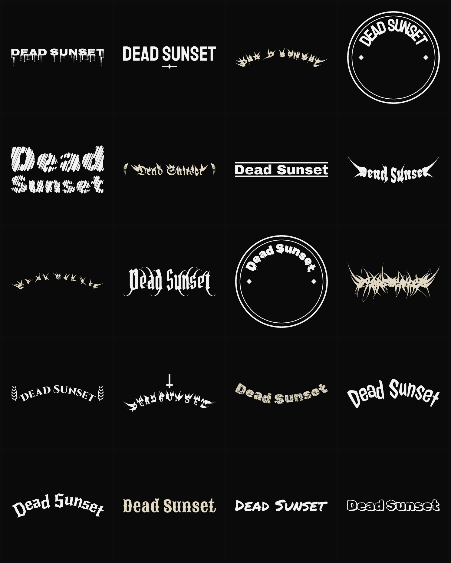 Twenty Dead Sunset band logo ideas — different faces, treatments and spike settings