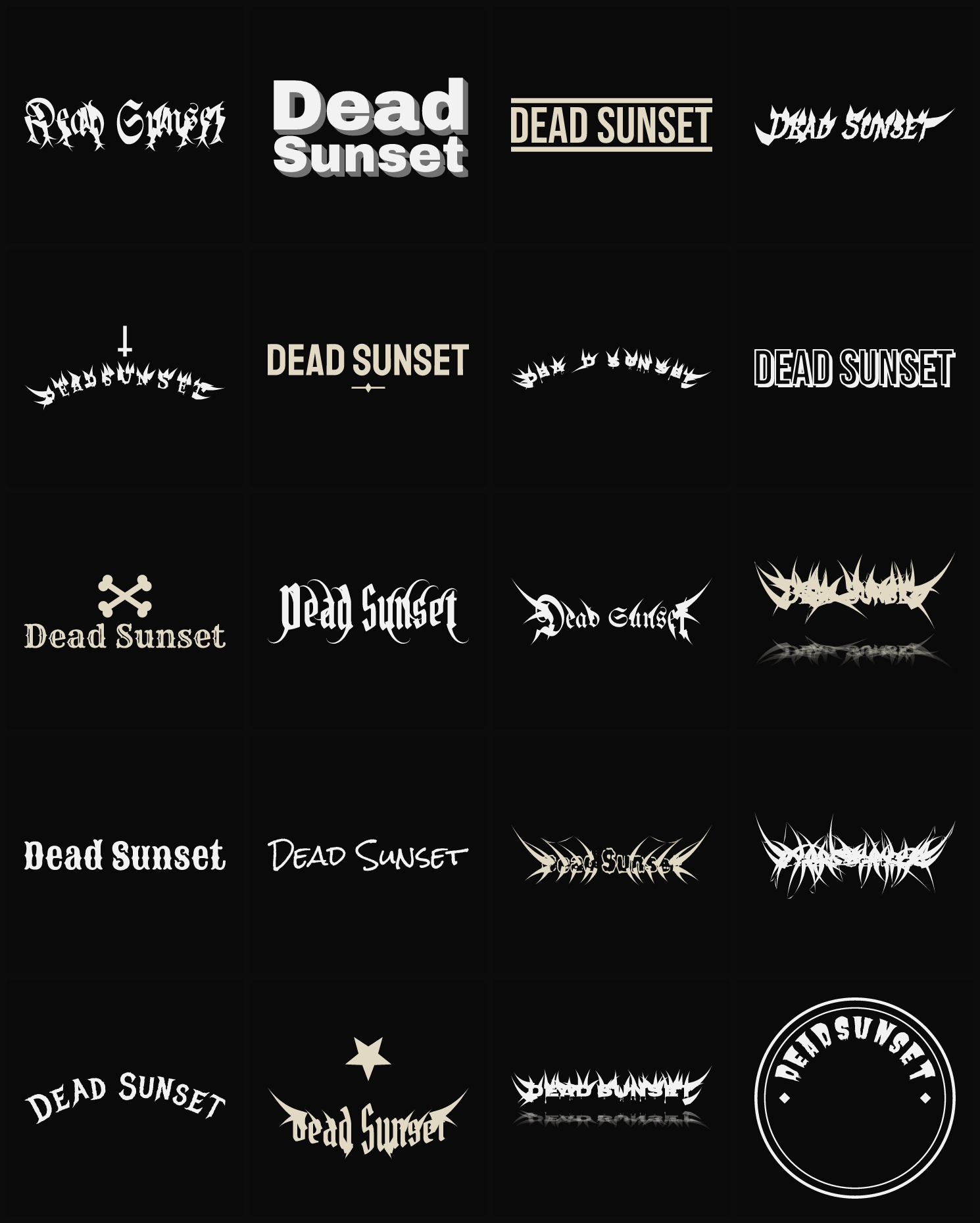 Twenty Dead Sunset band logo ideas — different faces, treatments and spike settings