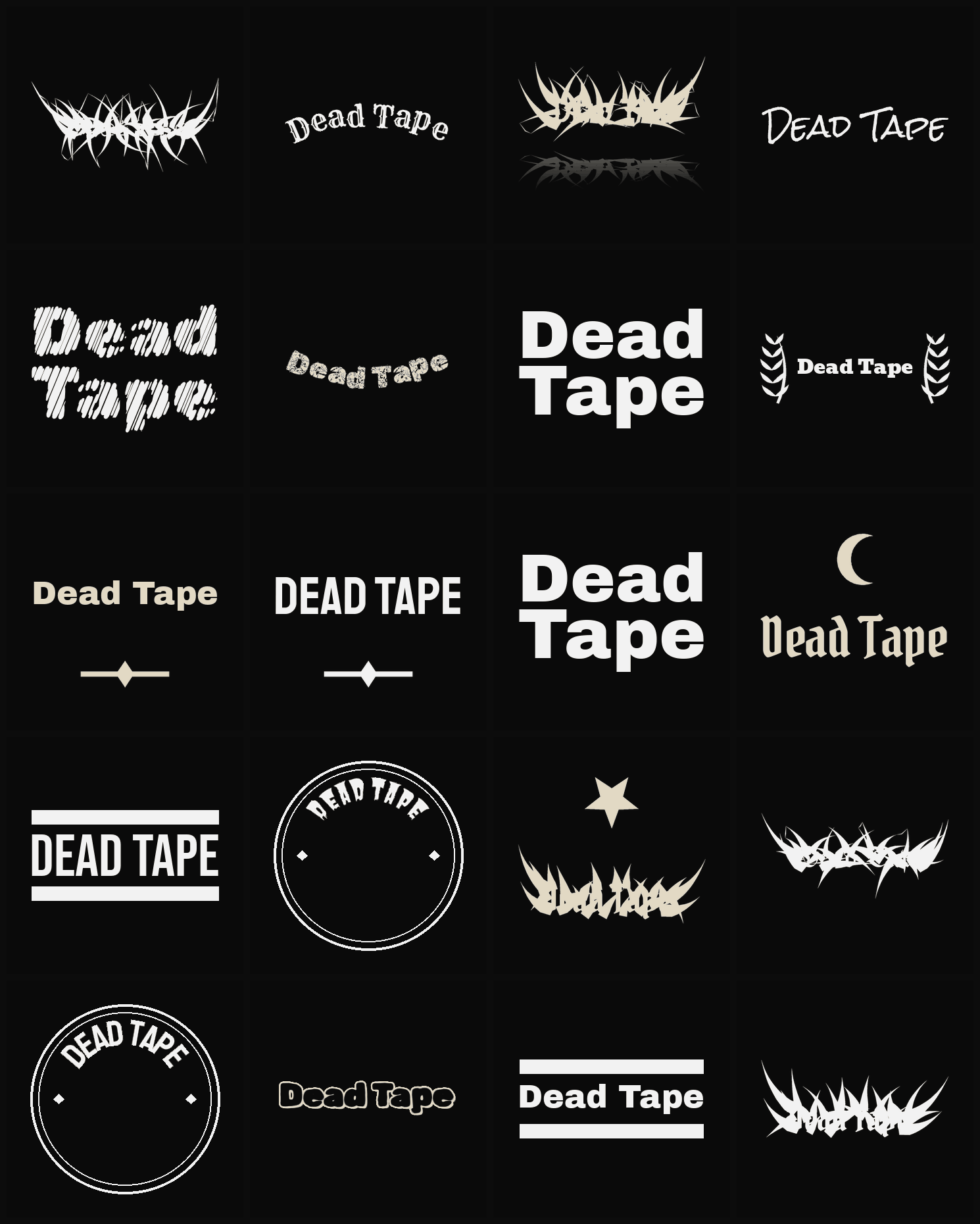 Twenty Dead Tape band logo ideas — different faces, treatments and spike settings