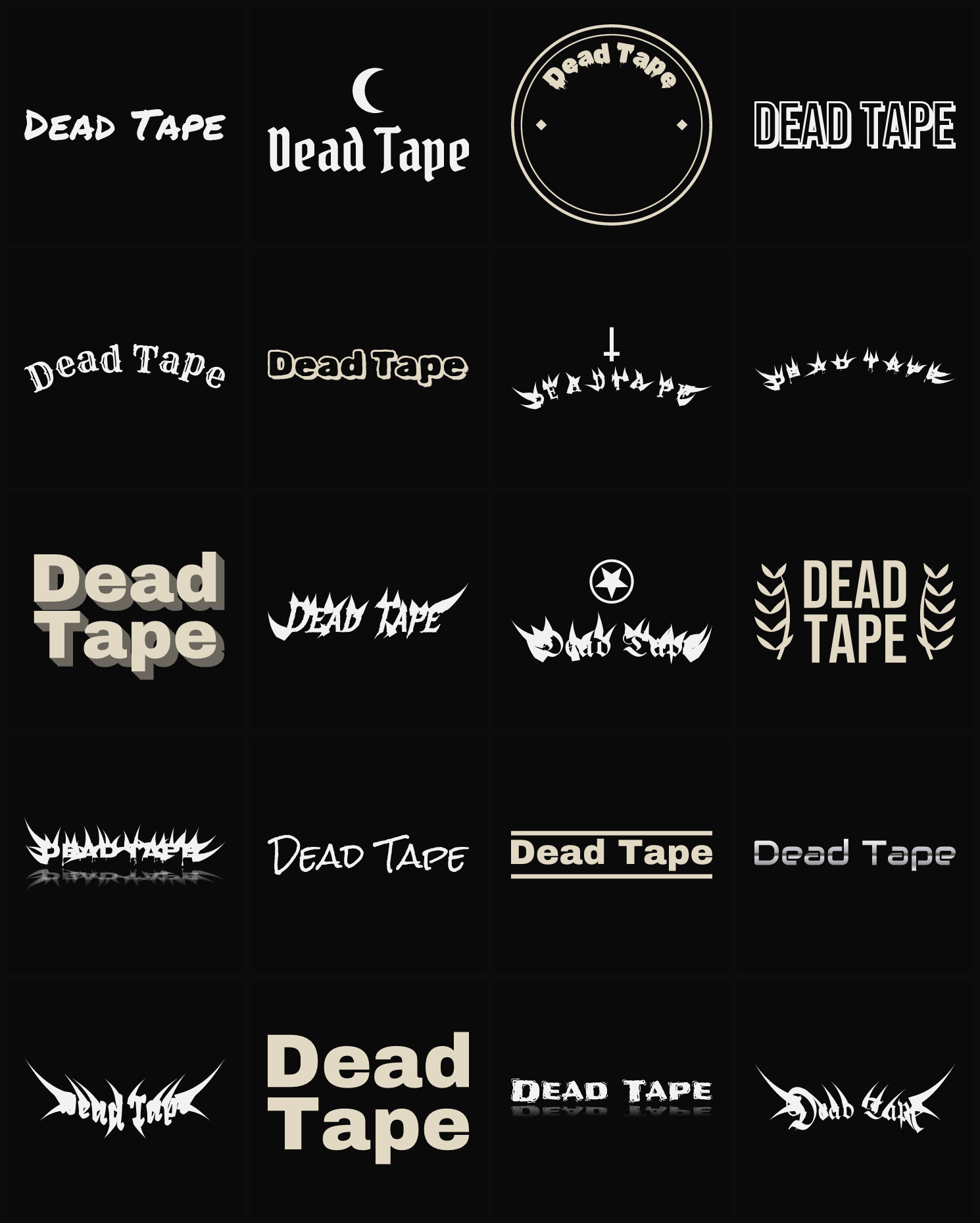 Twenty Dead Tape band logo ideas — different faces, treatments and spike settings