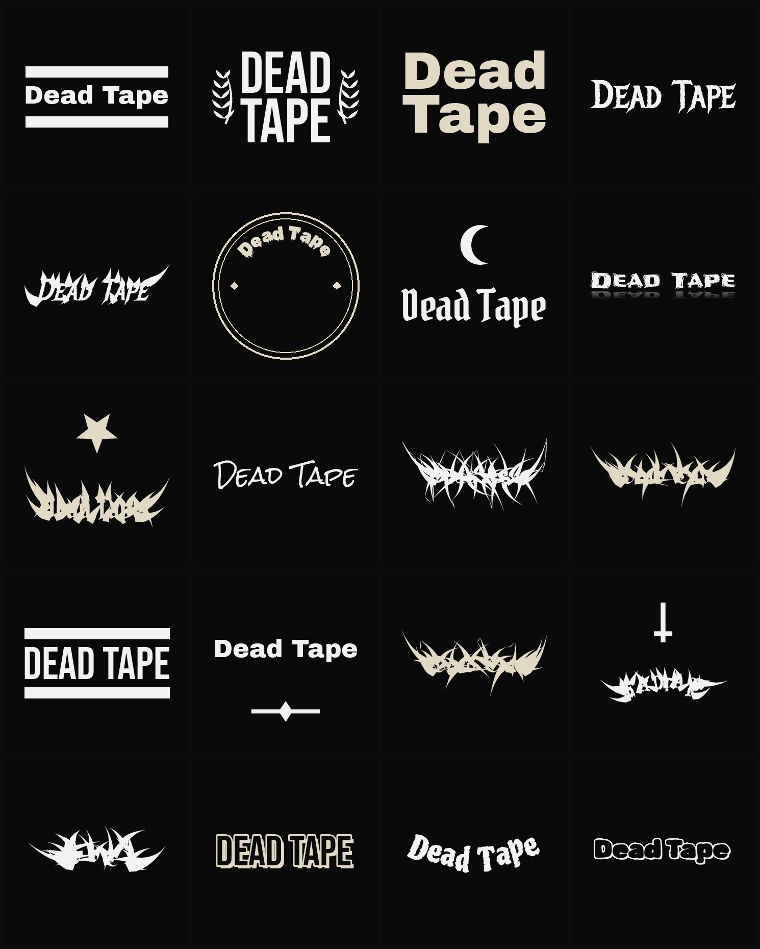 Twenty Dead Tape band logo ideas — different faces, treatments and spike settings