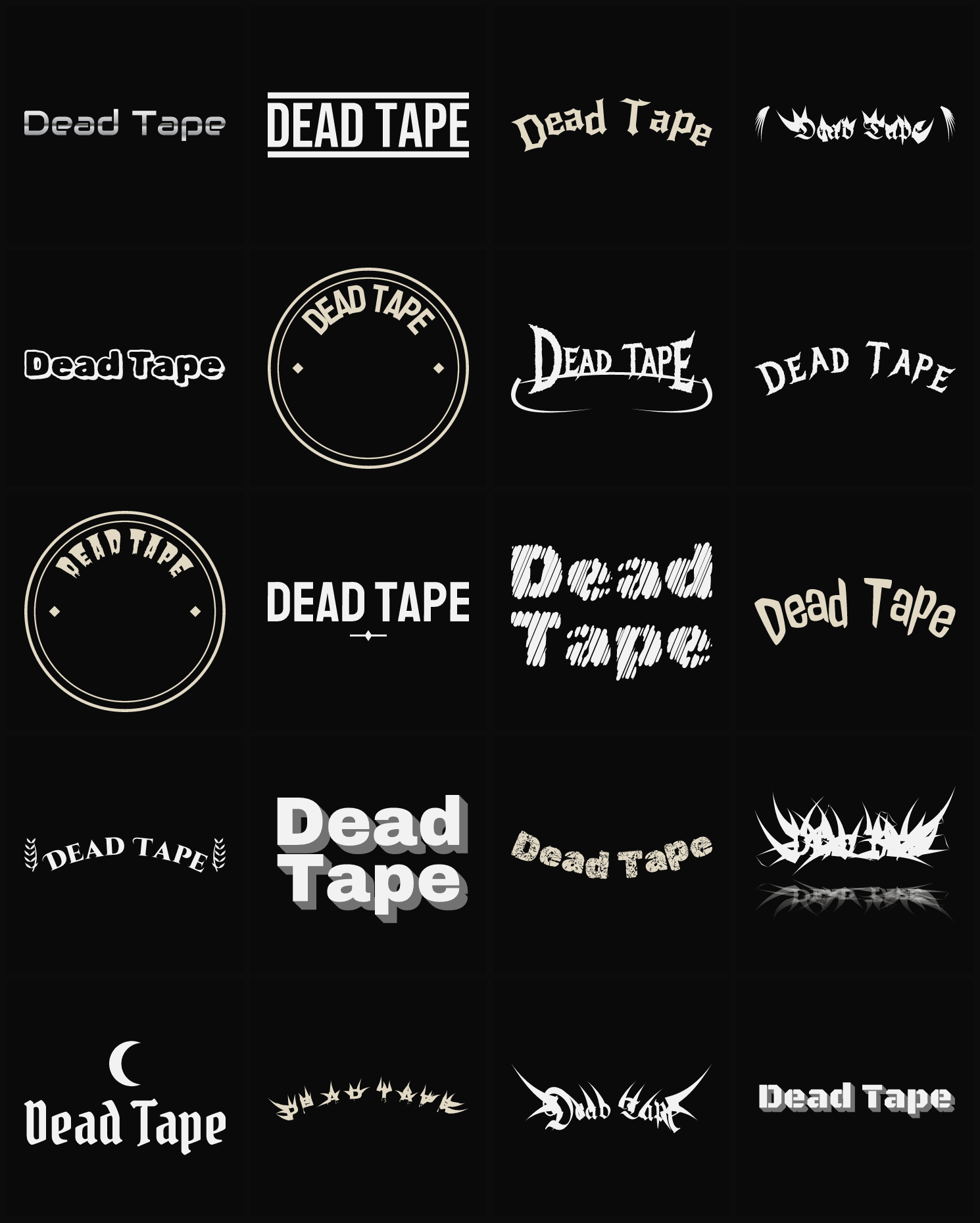 Twenty Dead Tape band logo ideas — different faces, treatments and spike settings