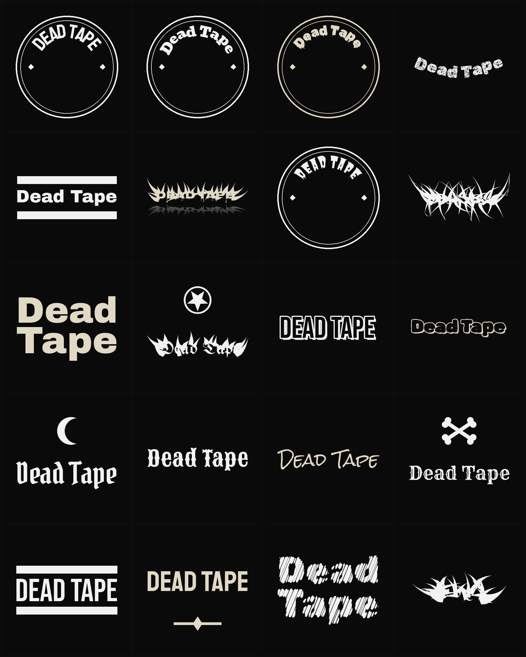 Twenty Dead Tape band logo ideas — different faces, treatments and spike settings