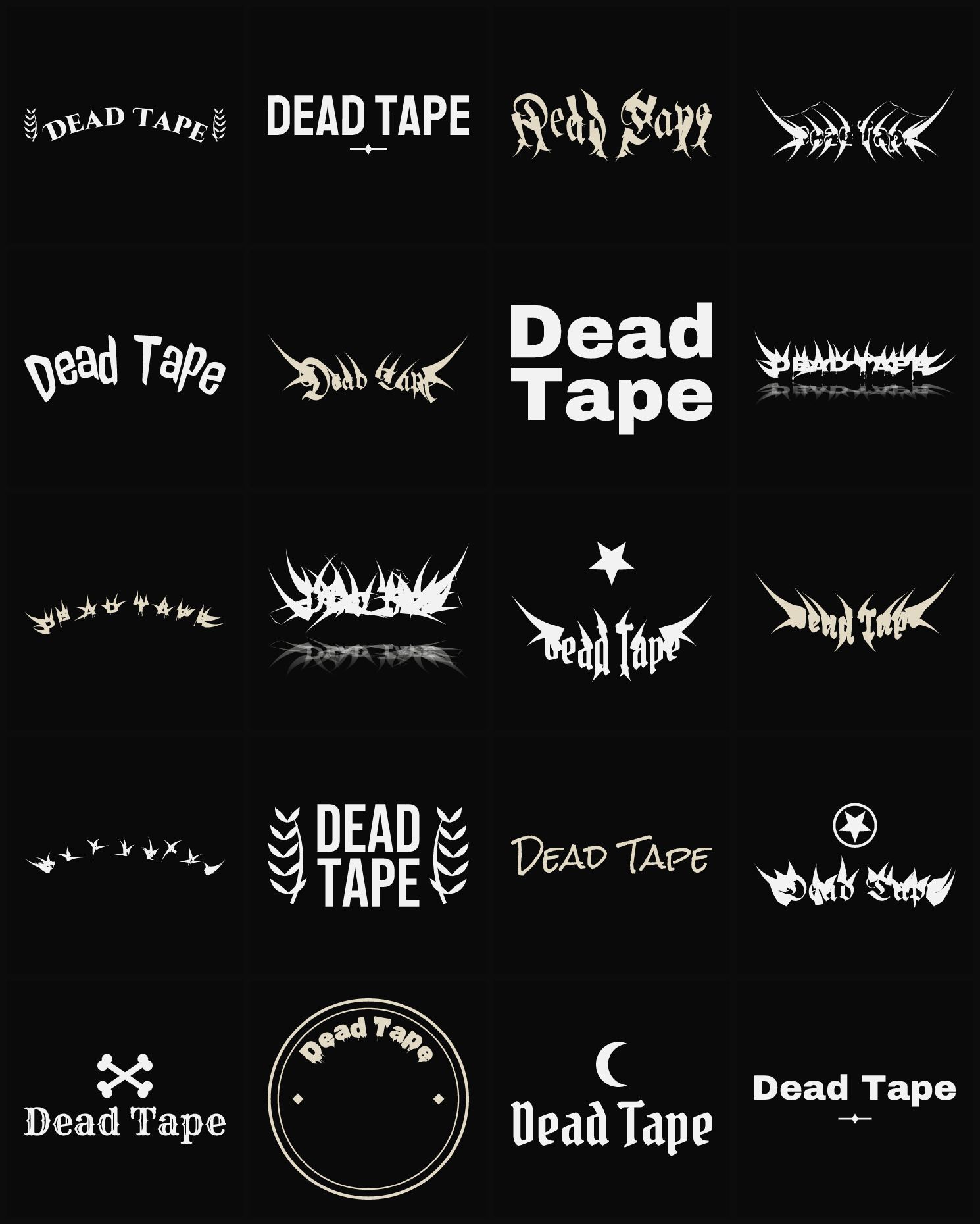 Twenty Dead Tape band logo ideas — different faces, treatments and spike settings