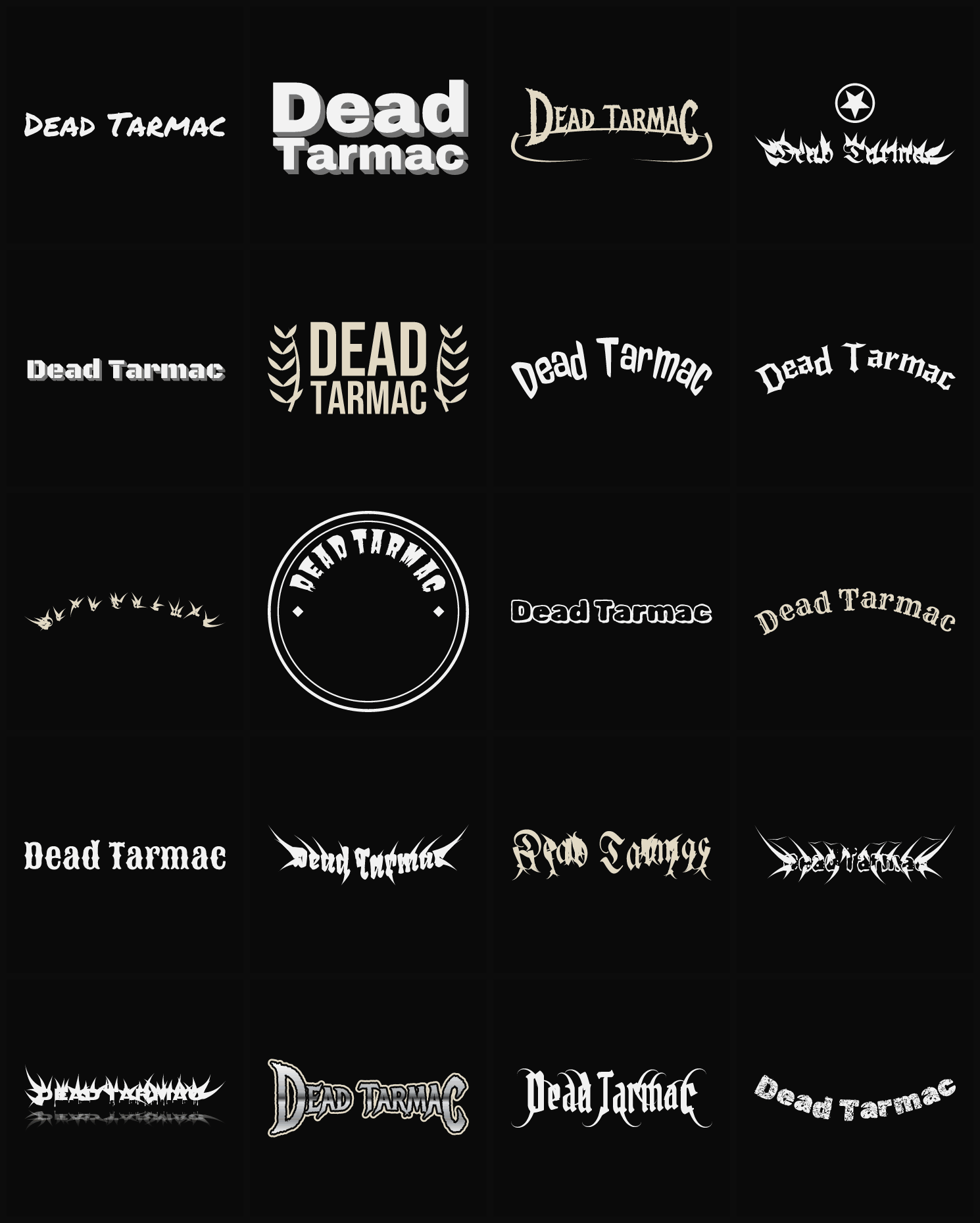 Twenty Dead Tarmac band logo ideas — different faces, treatments and spike settings