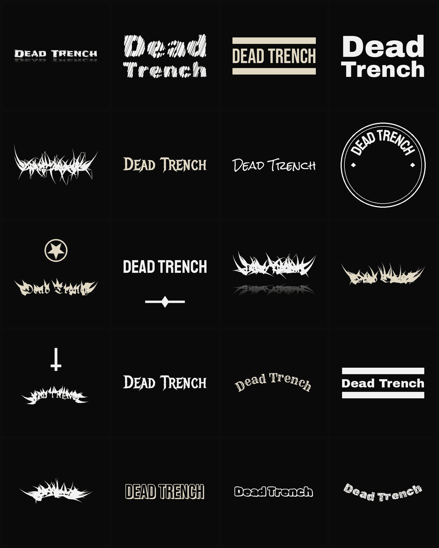Twenty Dead Trench band logo ideas — different faces, treatments and spike settings