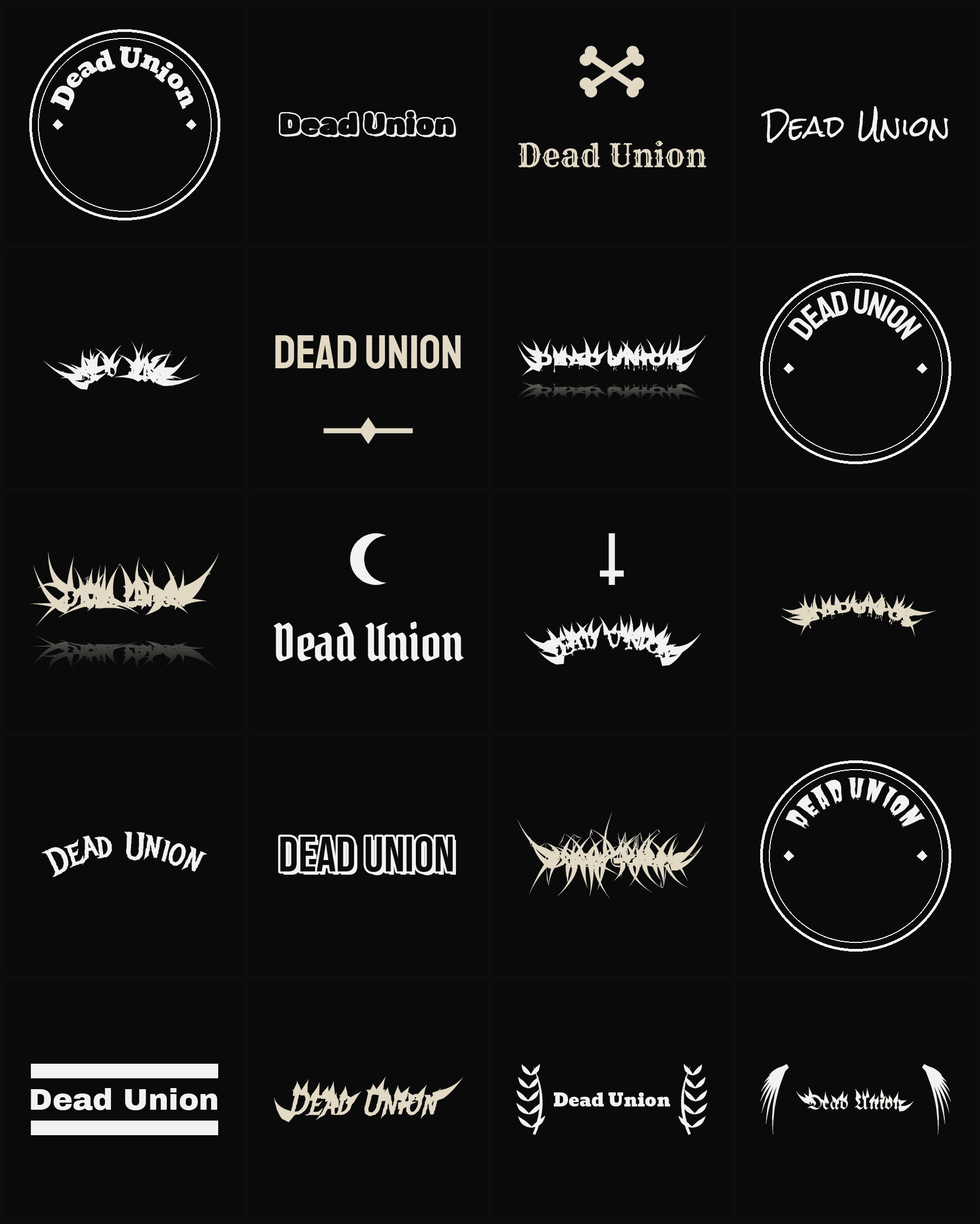Twenty Dead Union band logo ideas — different faces, treatments and spike settings