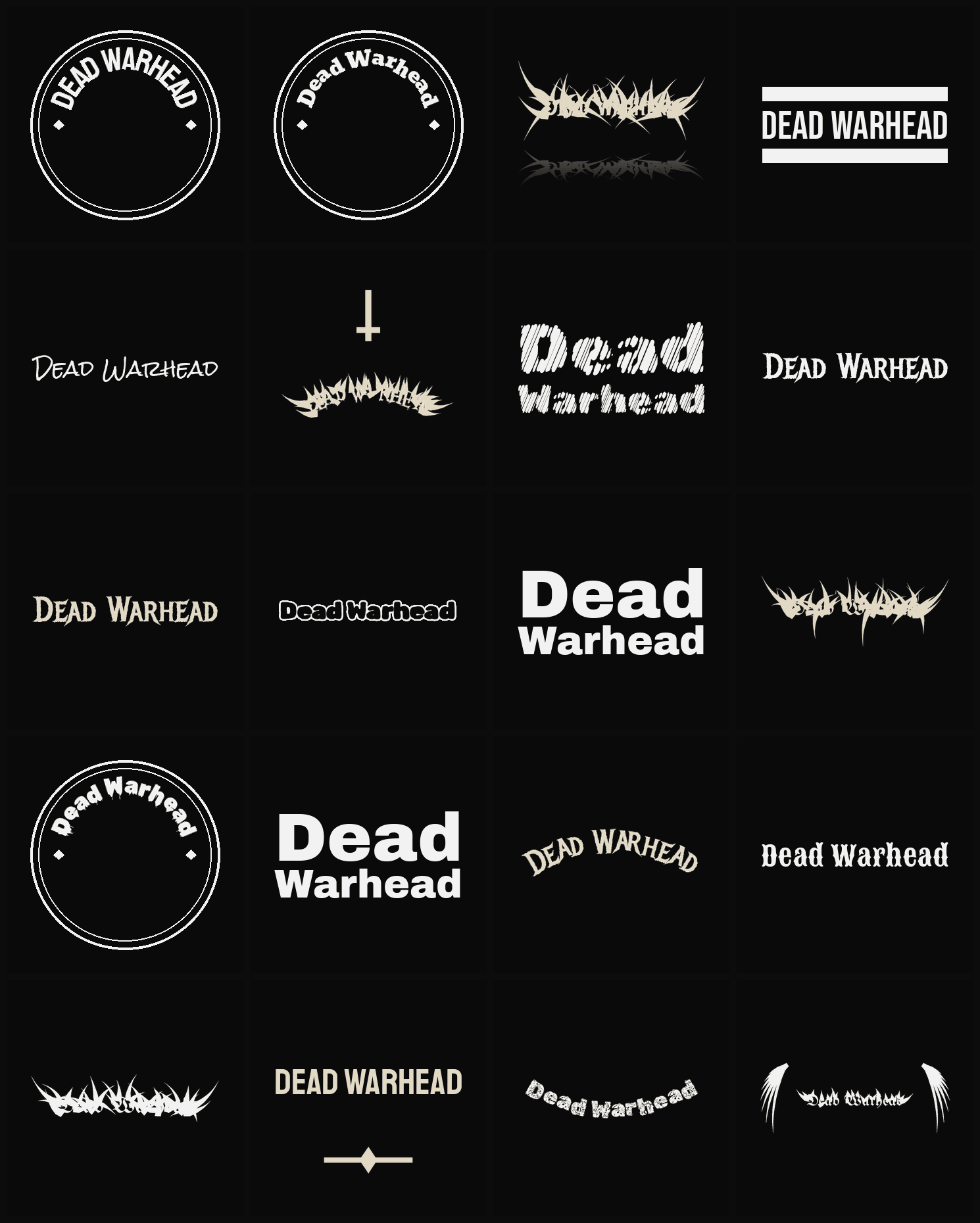 Twenty Dead Warhead band logo ideas — different faces, treatments and spike settings
