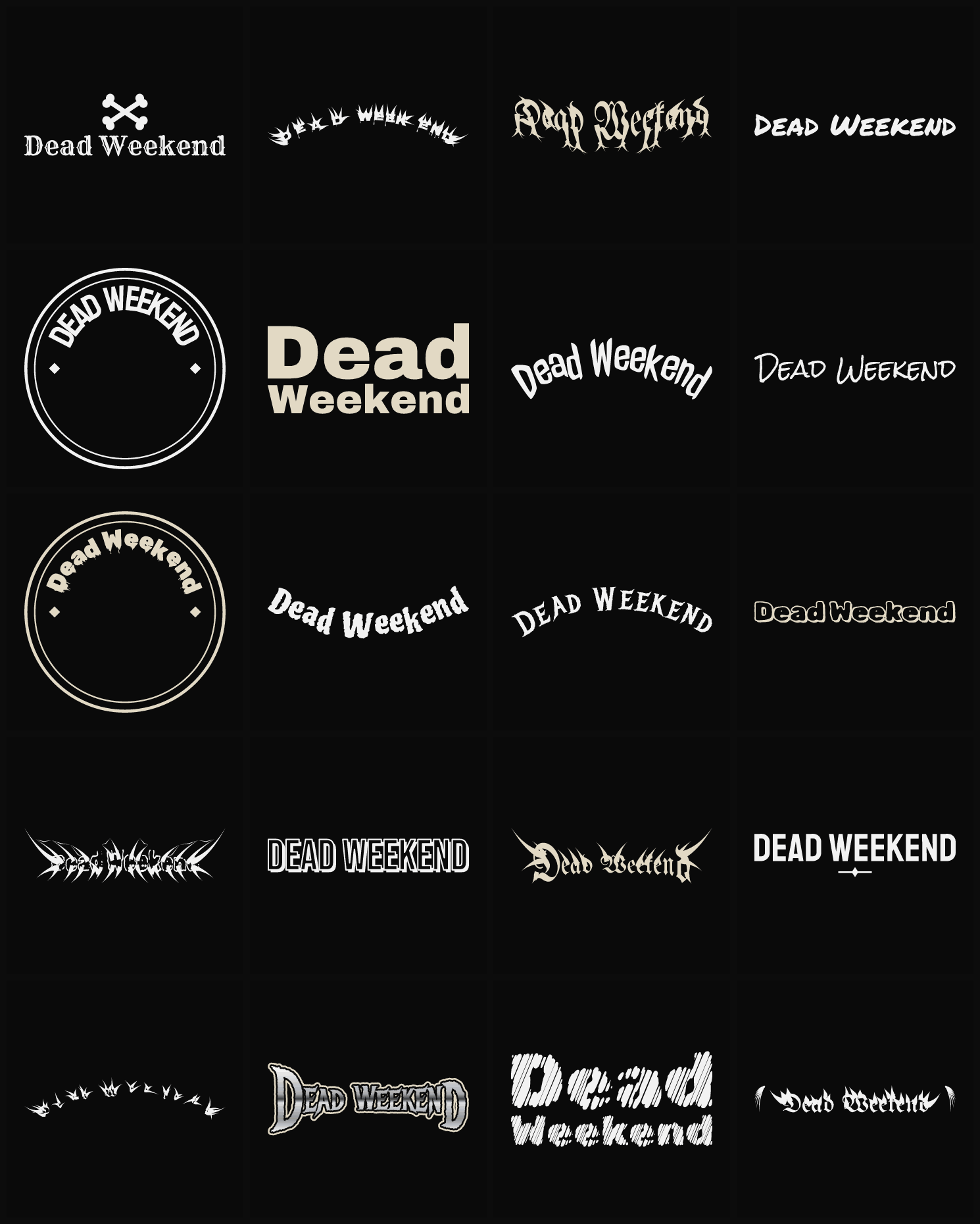 Twenty Dead Weekend band logo ideas — different faces, treatments and spike settings