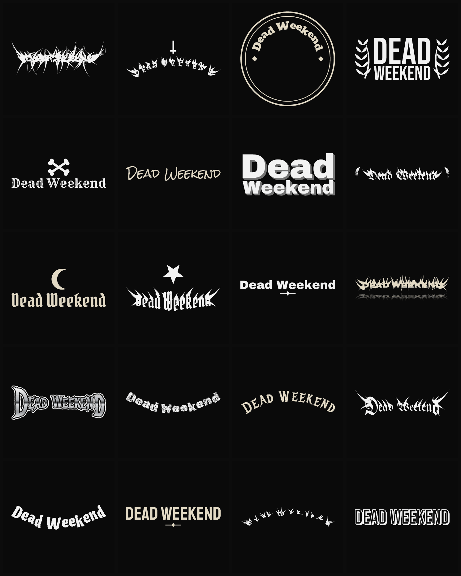 Twenty Dead Weekend band logo ideas — different faces, treatments and spike settings