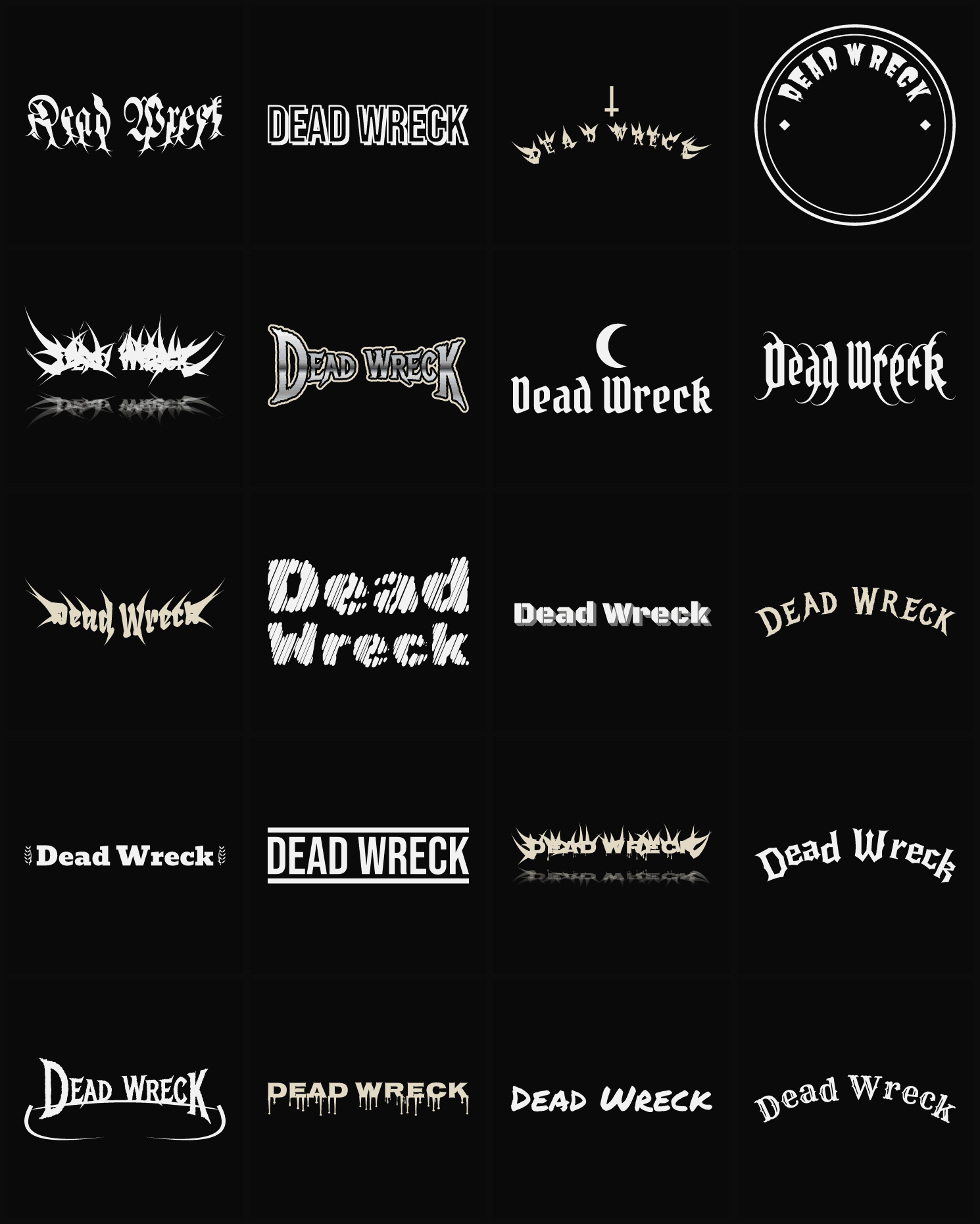 Twenty Dead Wreck band logo ideas — different faces, treatments and spike settings