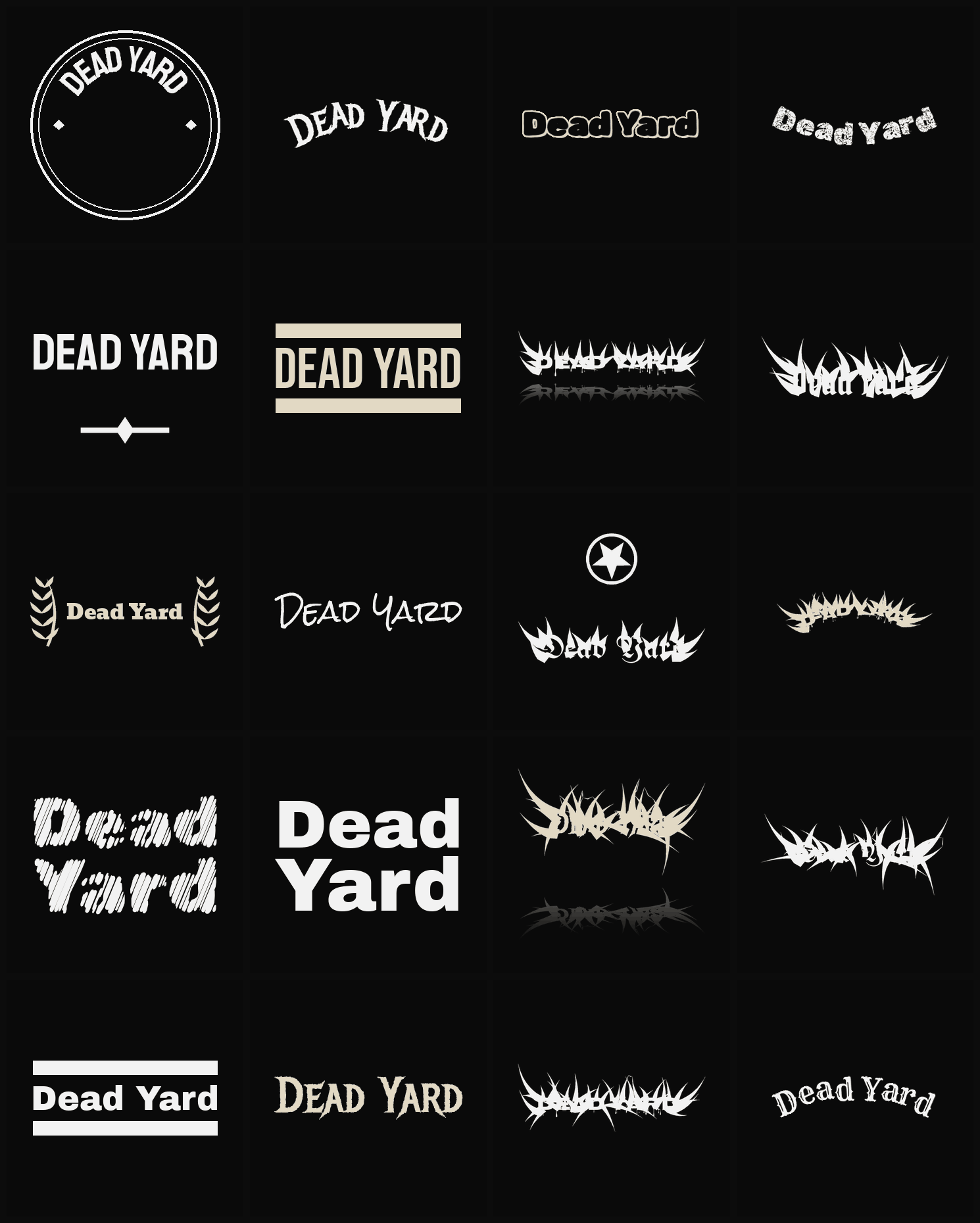 Twenty Dead Yard band logo ideas — different faces, treatments and spike settings