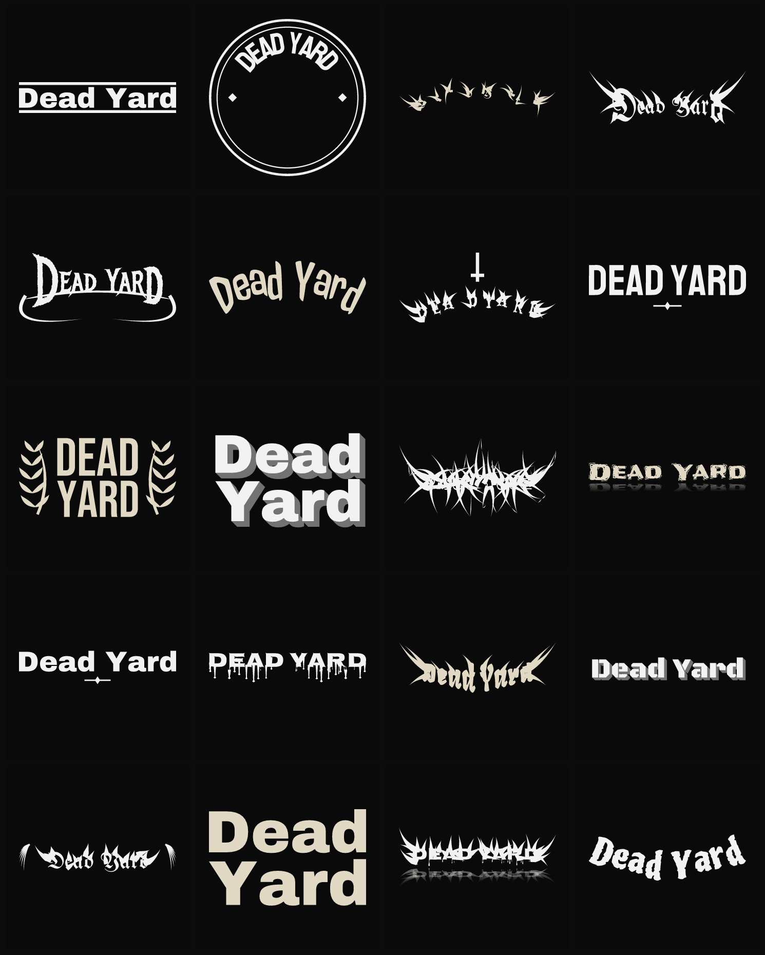 Twenty Dead Yard band logo ideas — different faces, treatments and spike settings