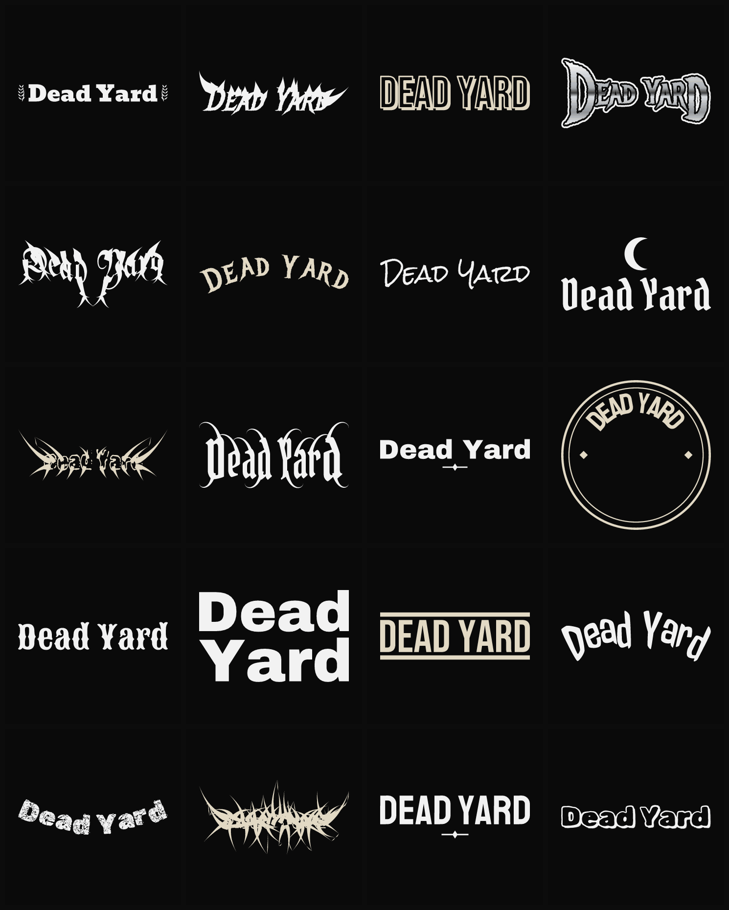 Twenty Dead Yard band logo ideas — different faces, treatments and spike settings