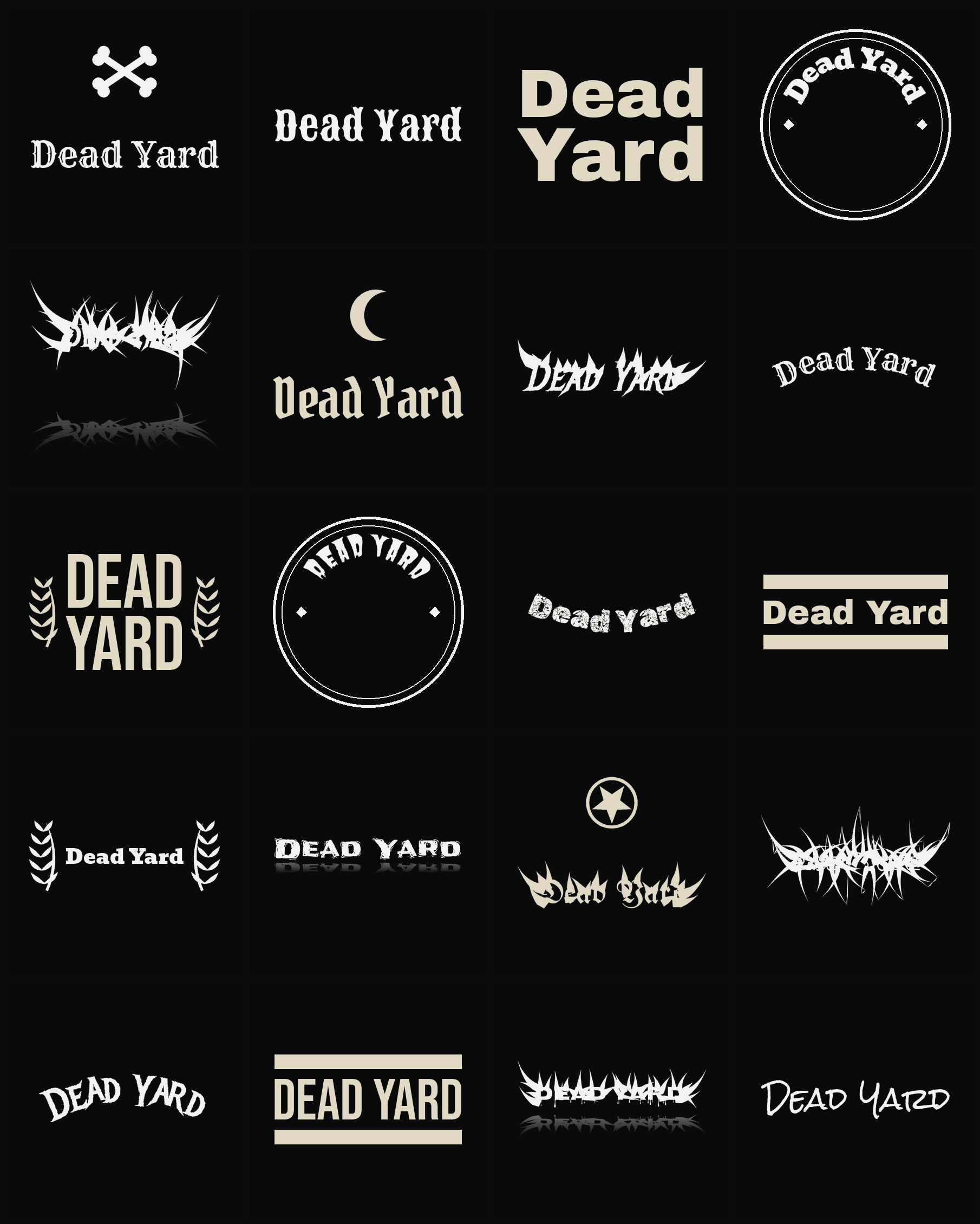 Twenty Dead Yard band logo ideas — different faces, treatments and spike settings