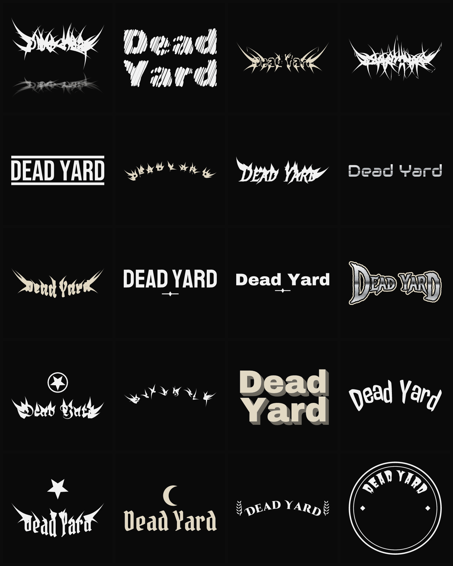 Twenty Dead Yard band logo ideas — different faces, treatments and spike settings