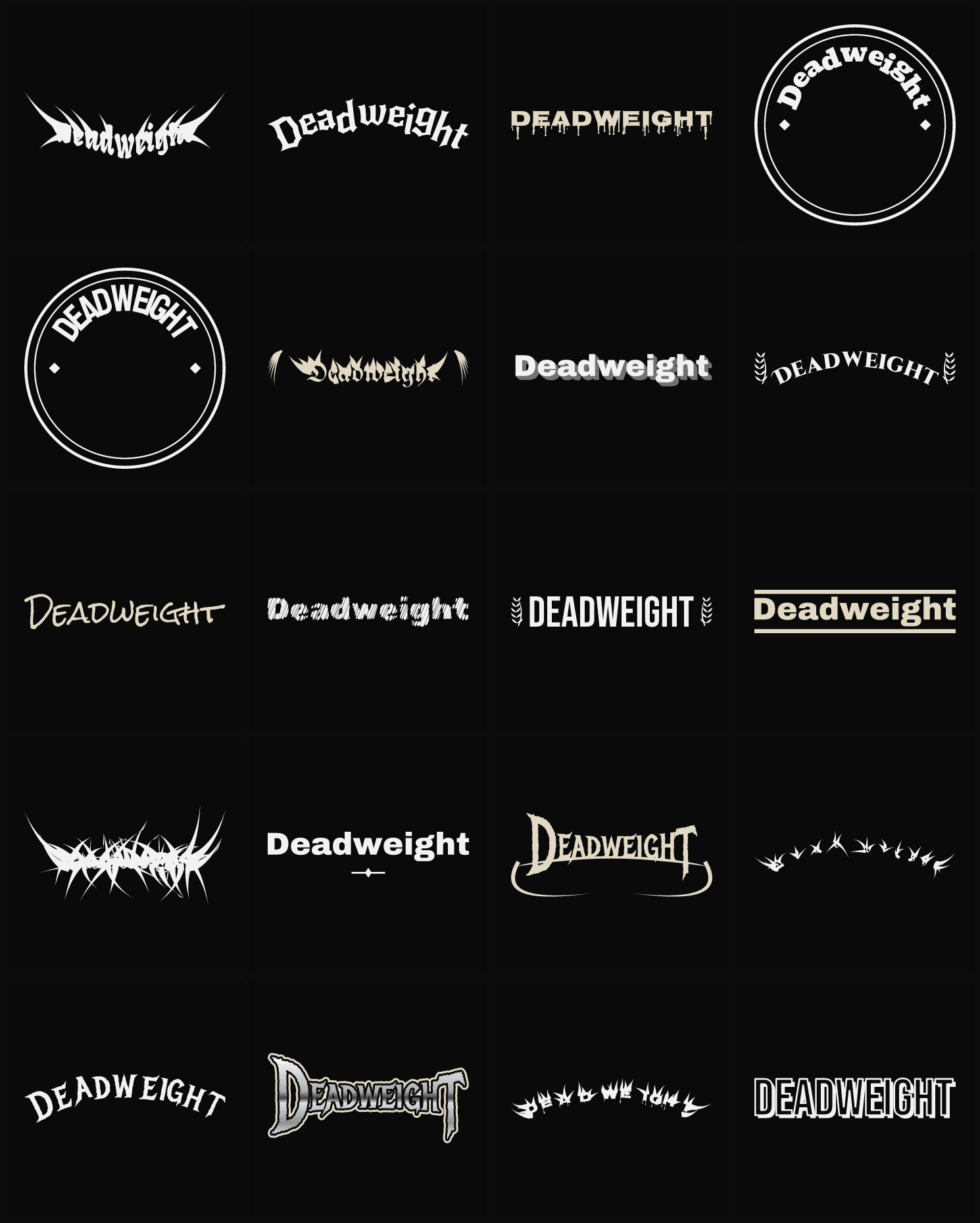 Twenty Deadweight band logo ideas — different faces, treatments and spike settings