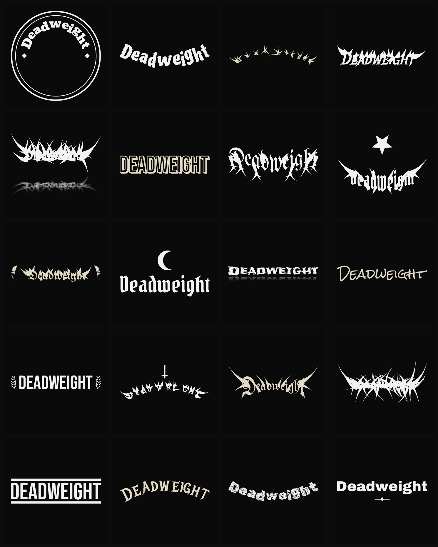 Twenty Deadweight band logo ideas — different faces, treatments and spike settings