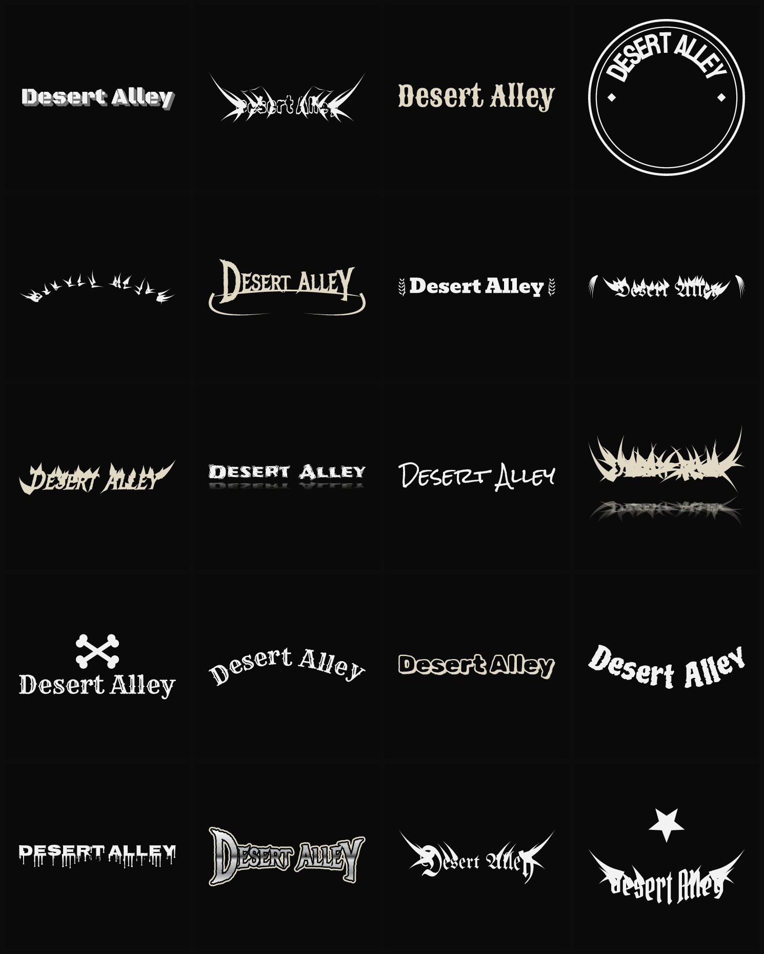 Twenty Desert Alley band logo ideas — different faces, treatments and spike settings