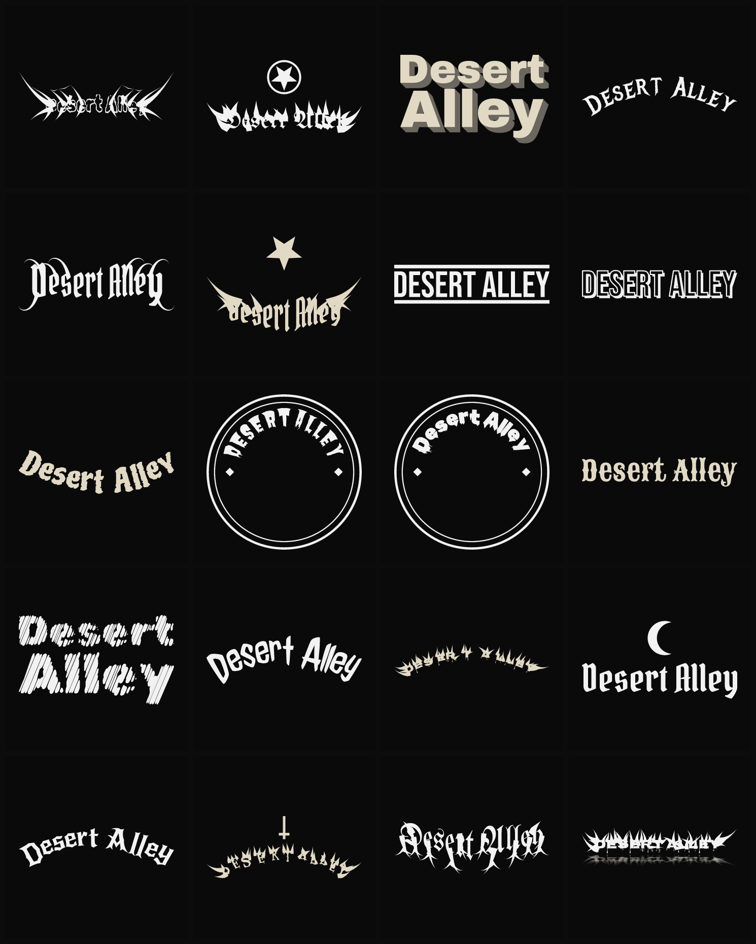 Twenty Desert Alley band logo ideas — different faces, treatments and spike settings