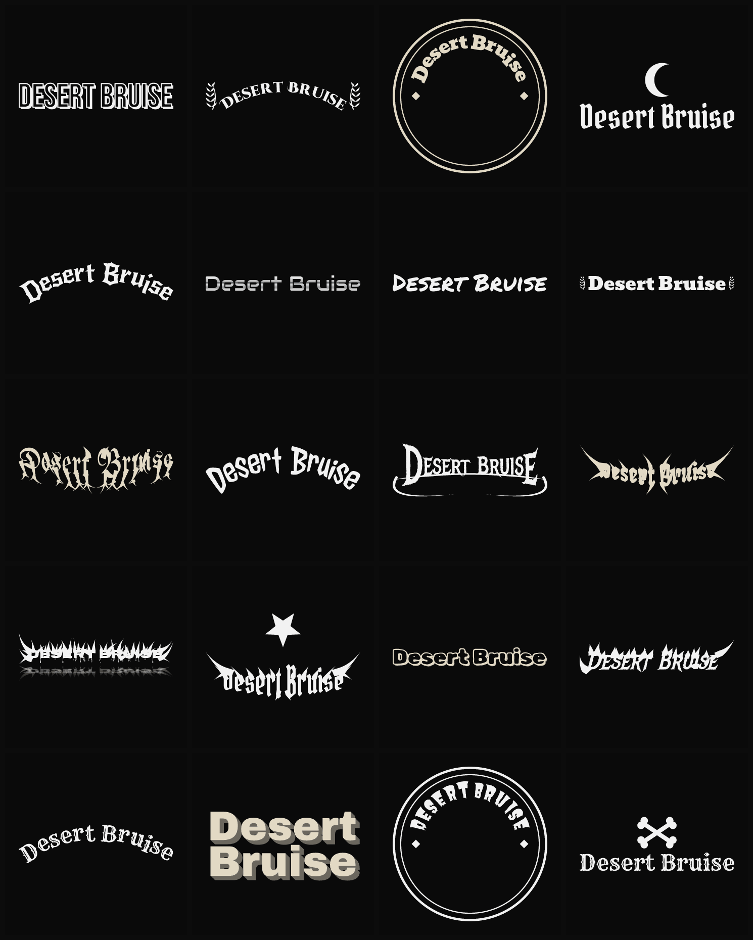 Twenty Desert Bruise band logo ideas — different faces, treatments and spike settings