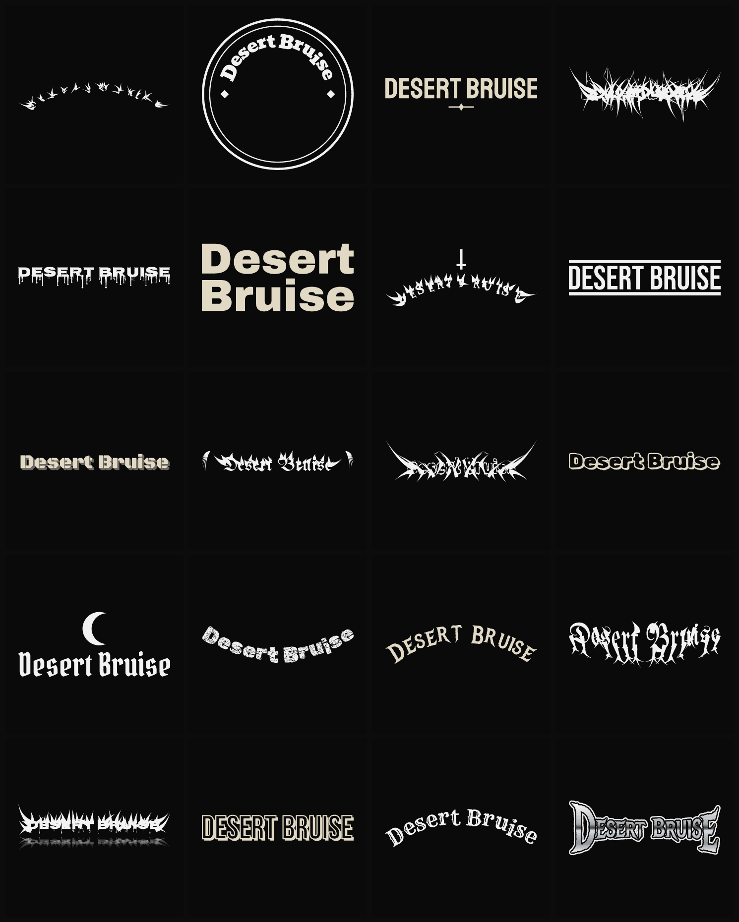Twenty Desert Bruise band logo ideas — different faces, treatments and spike settings