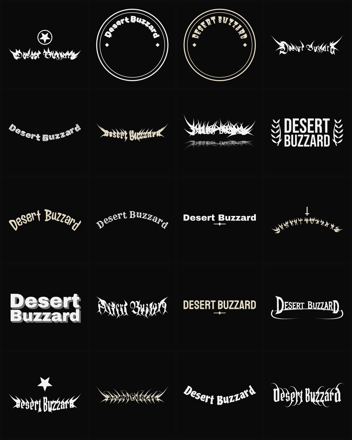Twenty Desert Buzzard band logo ideas — different faces, treatments and spike settings