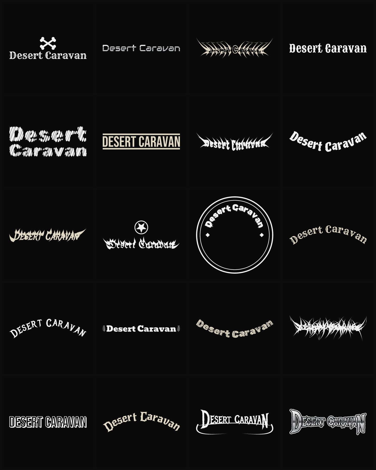 Twenty Desert Caravan band logo ideas — different faces, treatments and spike settings