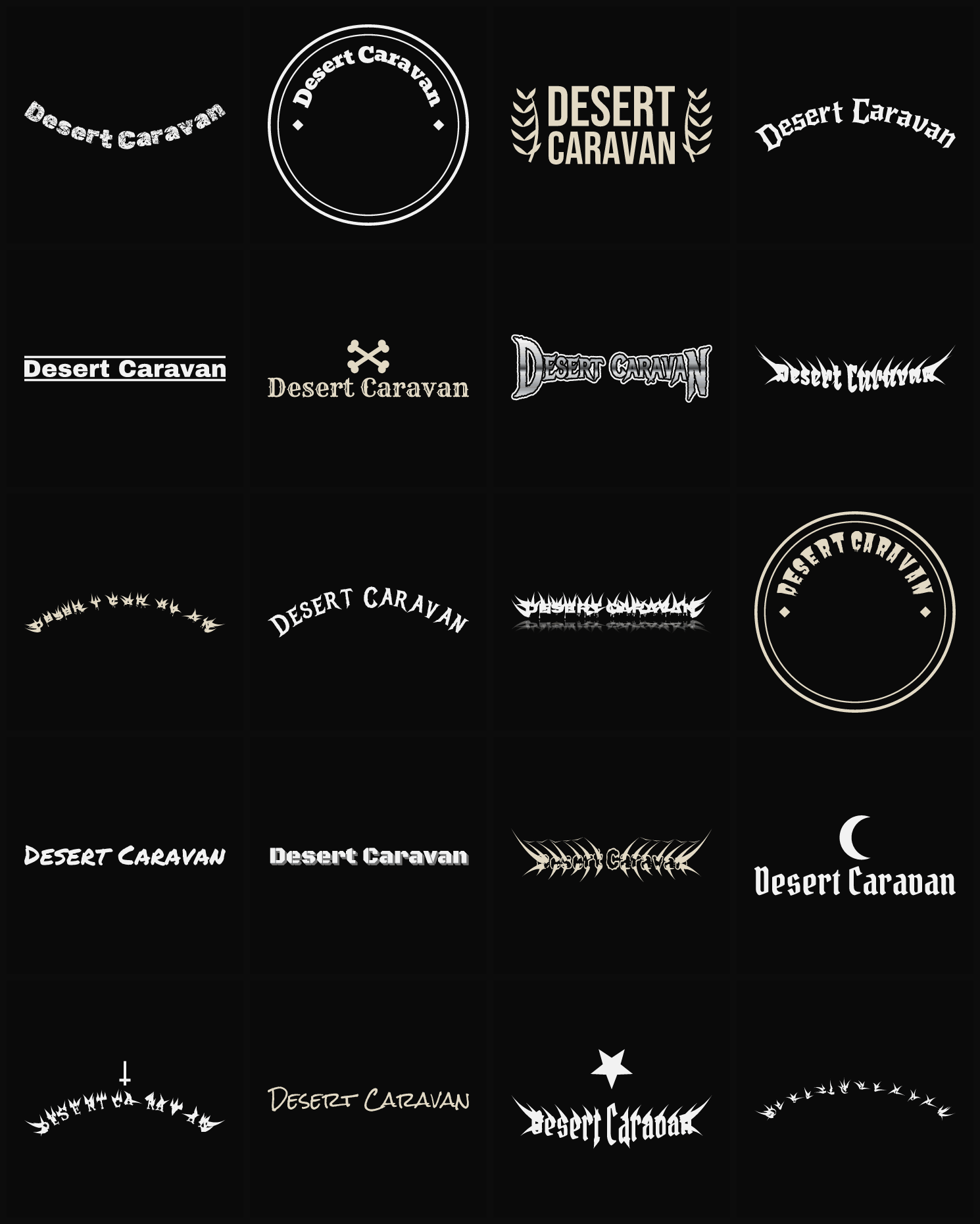 Twenty Desert Caravan band logo ideas — different faces, treatments and spike settings
