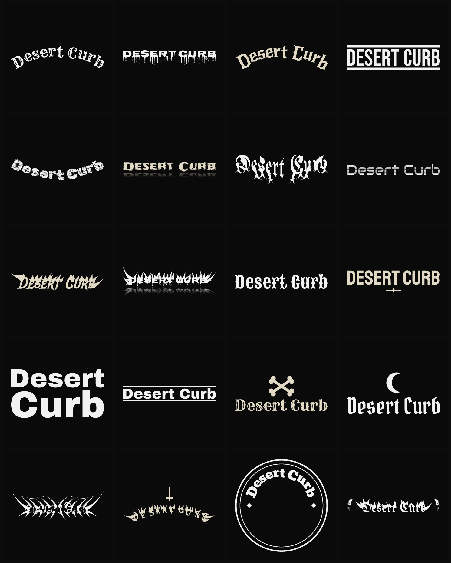 Twenty Desert Curb band logo ideas — different faces, treatments and spike settings