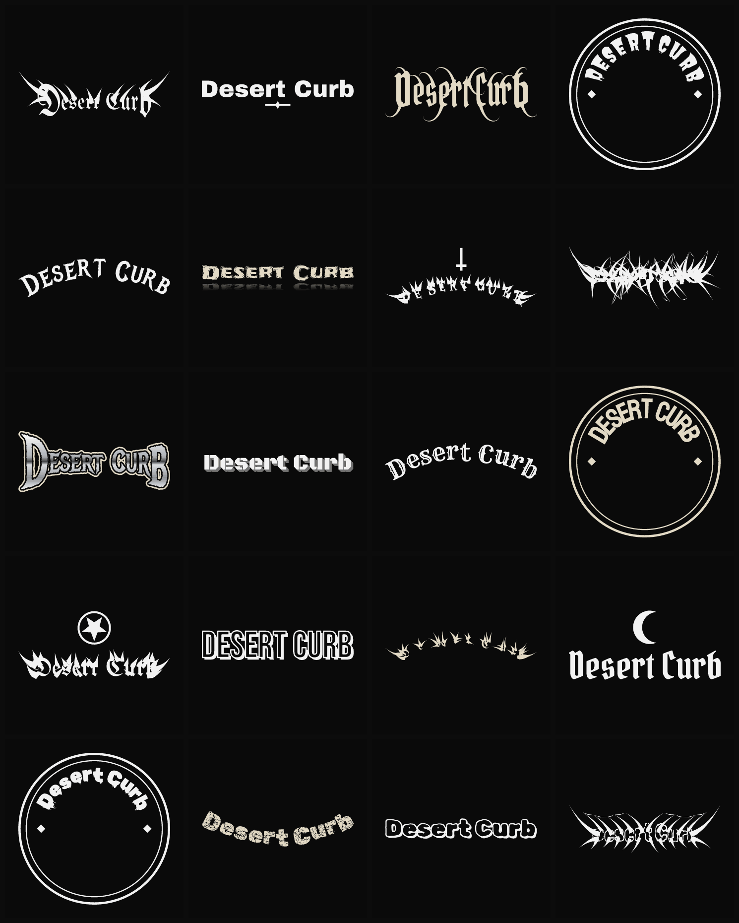 Twenty Desert Curb band logo ideas — different faces, treatments and spike settings