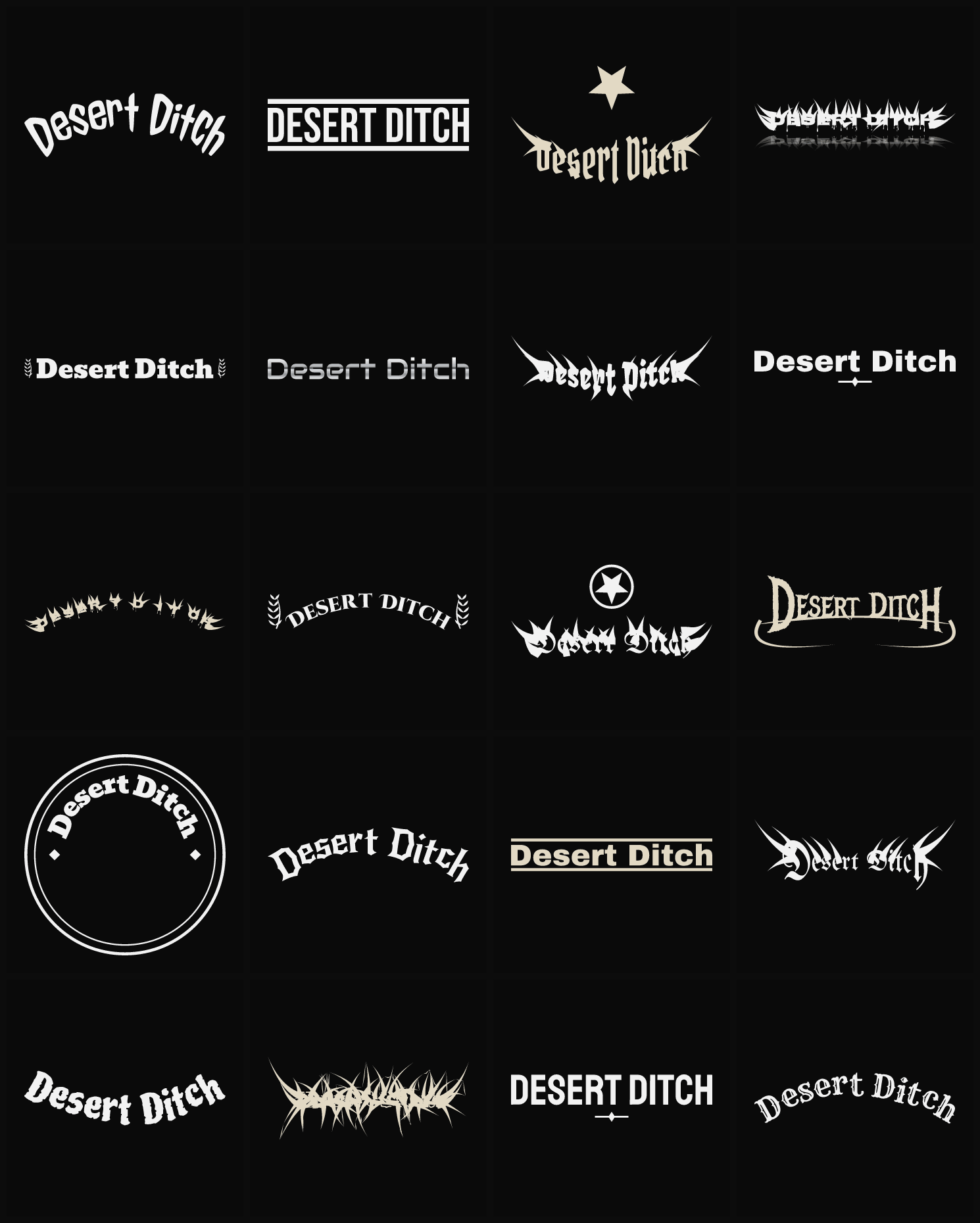Twenty Desert Ditch band logo ideas — different faces, treatments and spike settings