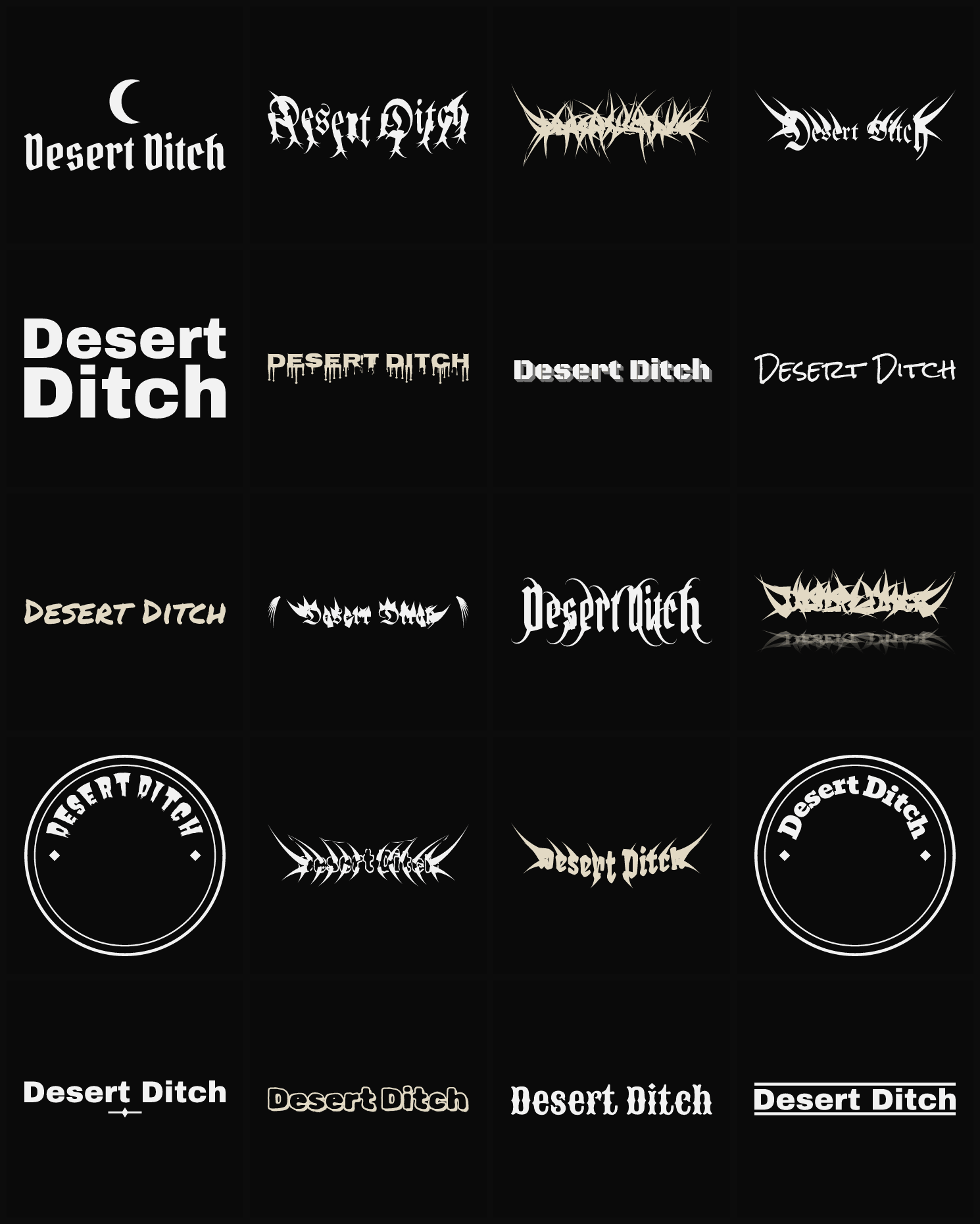 Twenty Desert Ditch band logo ideas — different faces, treatments and spike settings