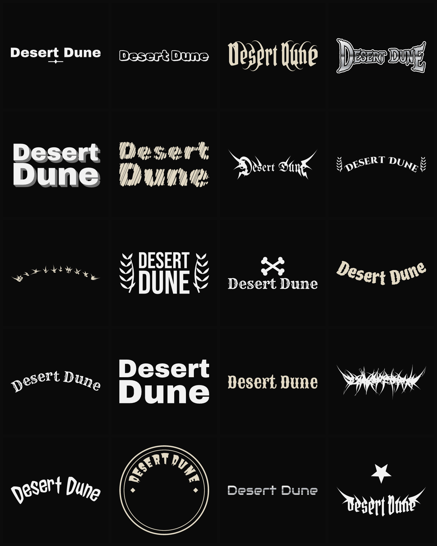 Twenty Desert Dune band logo ideas — different faces, treatments and spike settings