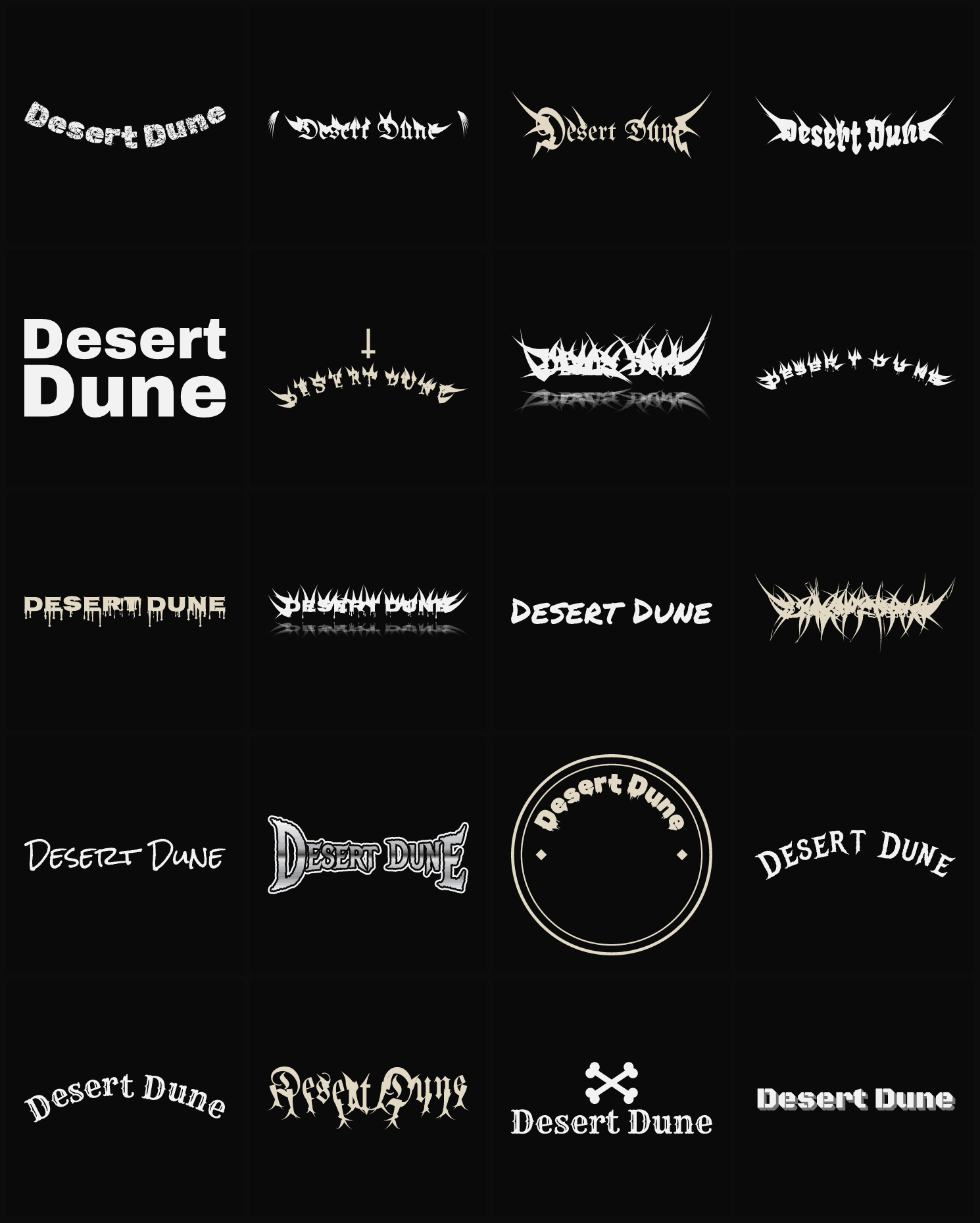 Twenty Desert Dune band logo ideas — different faces, treatments and spike settings