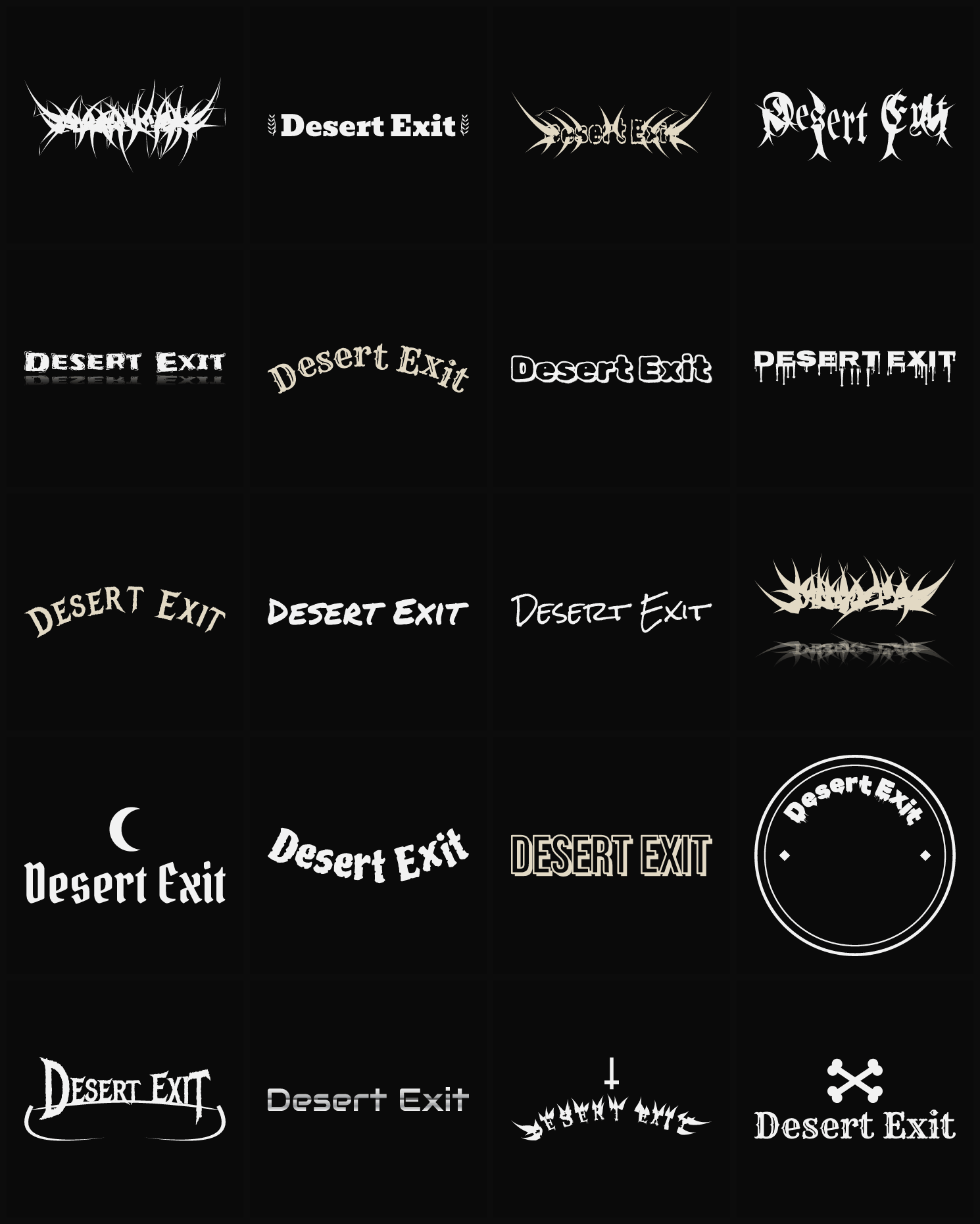 Twenty Desert Exit band logo ideas — different faces, treatments and spike settings