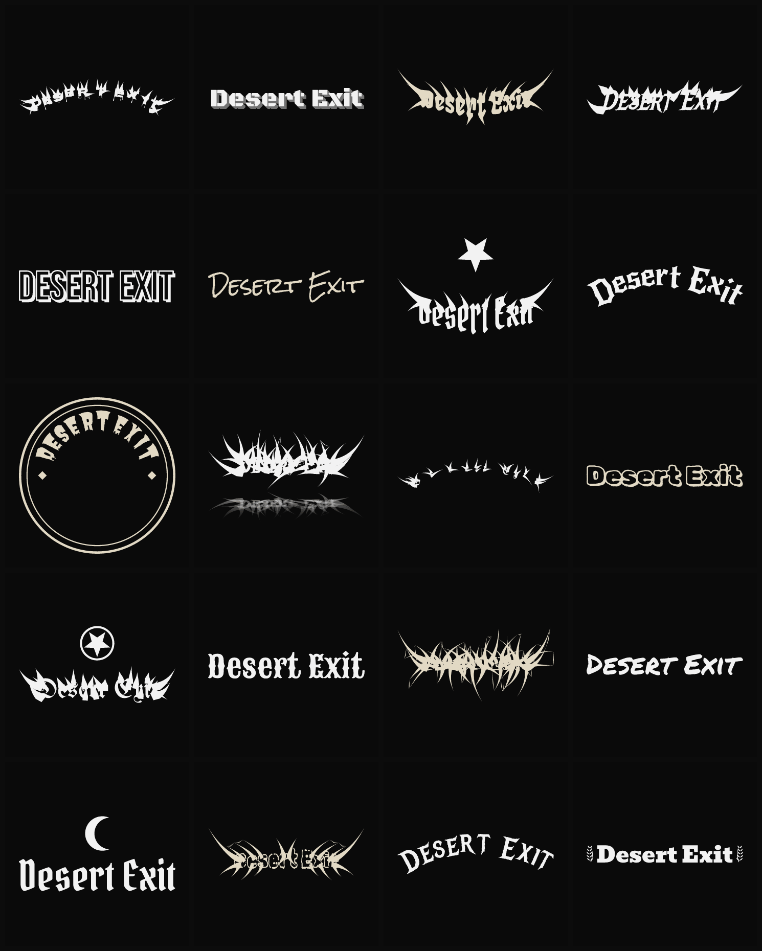 Twenty Desert Exit band logo ideas — different faces, treatments and spike settings