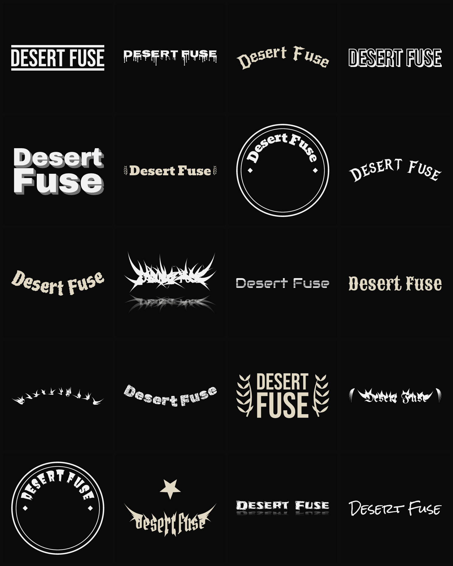 Twenty Desert Fuse band logo ideas — different faces, treatments and spike settings
