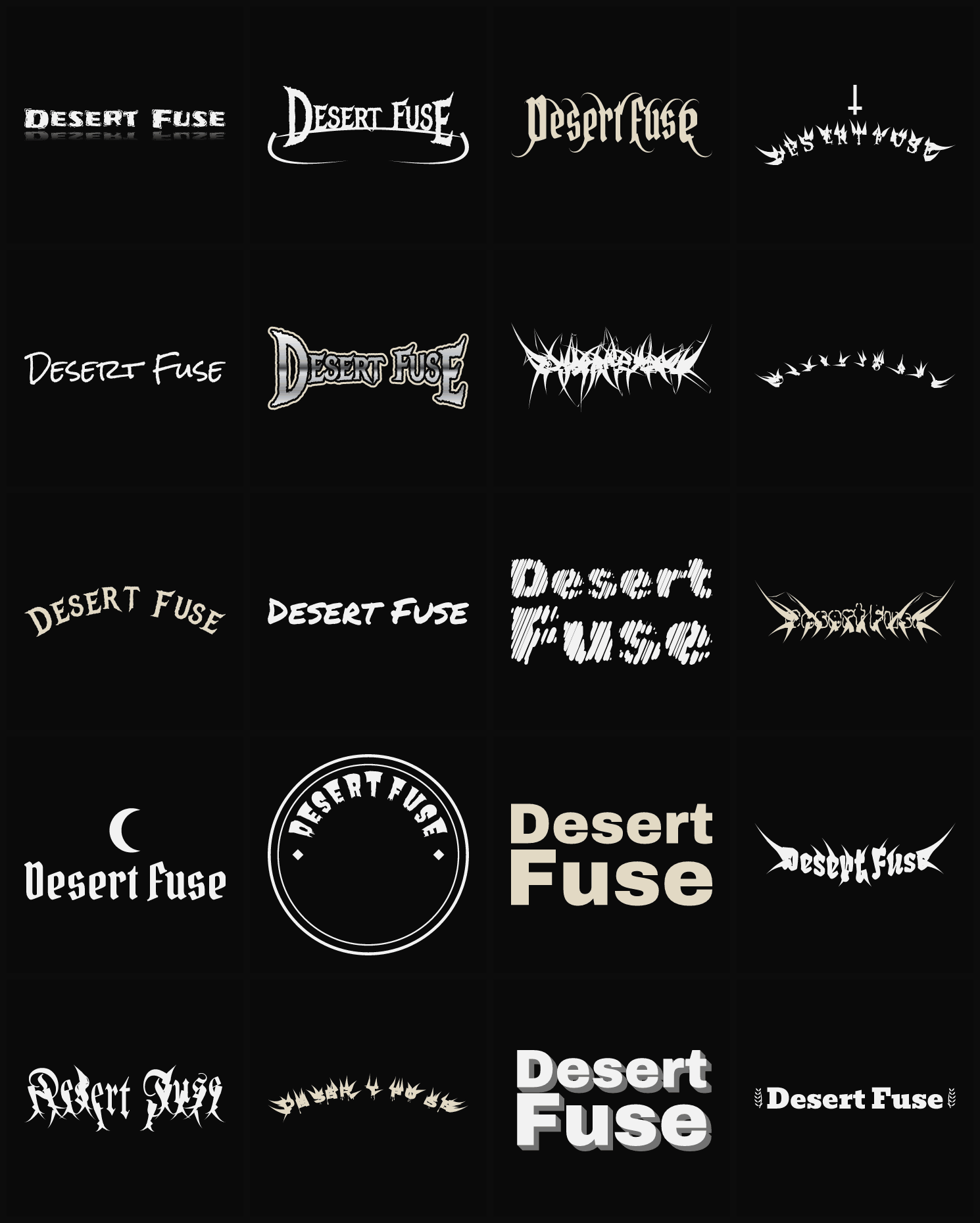 Twenty Desert Fuse band logo ideas — different faces, treatments and spike settings