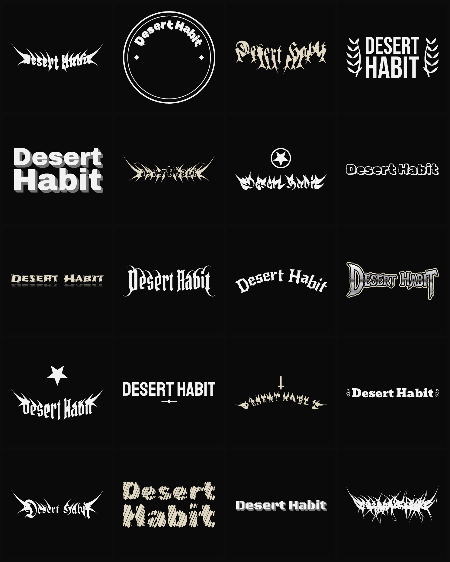 Twenty Desert Habit band logo ideas — different faces, treatments and spike settings