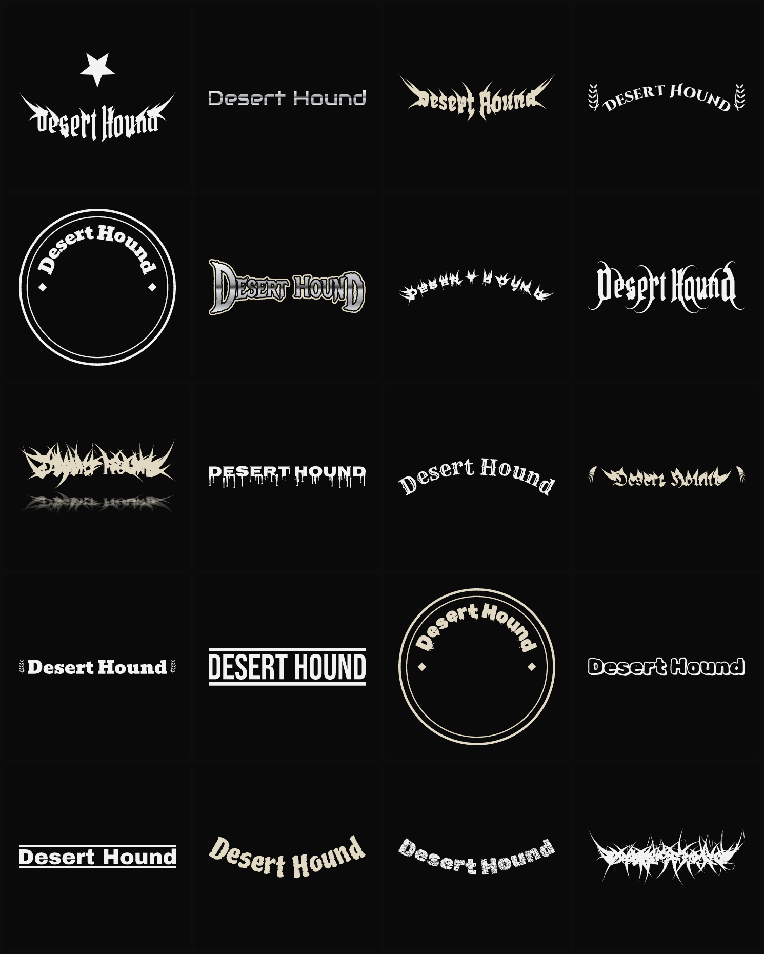Twenty Desert Hound band logo ideas — different faces, treatments and spike settings