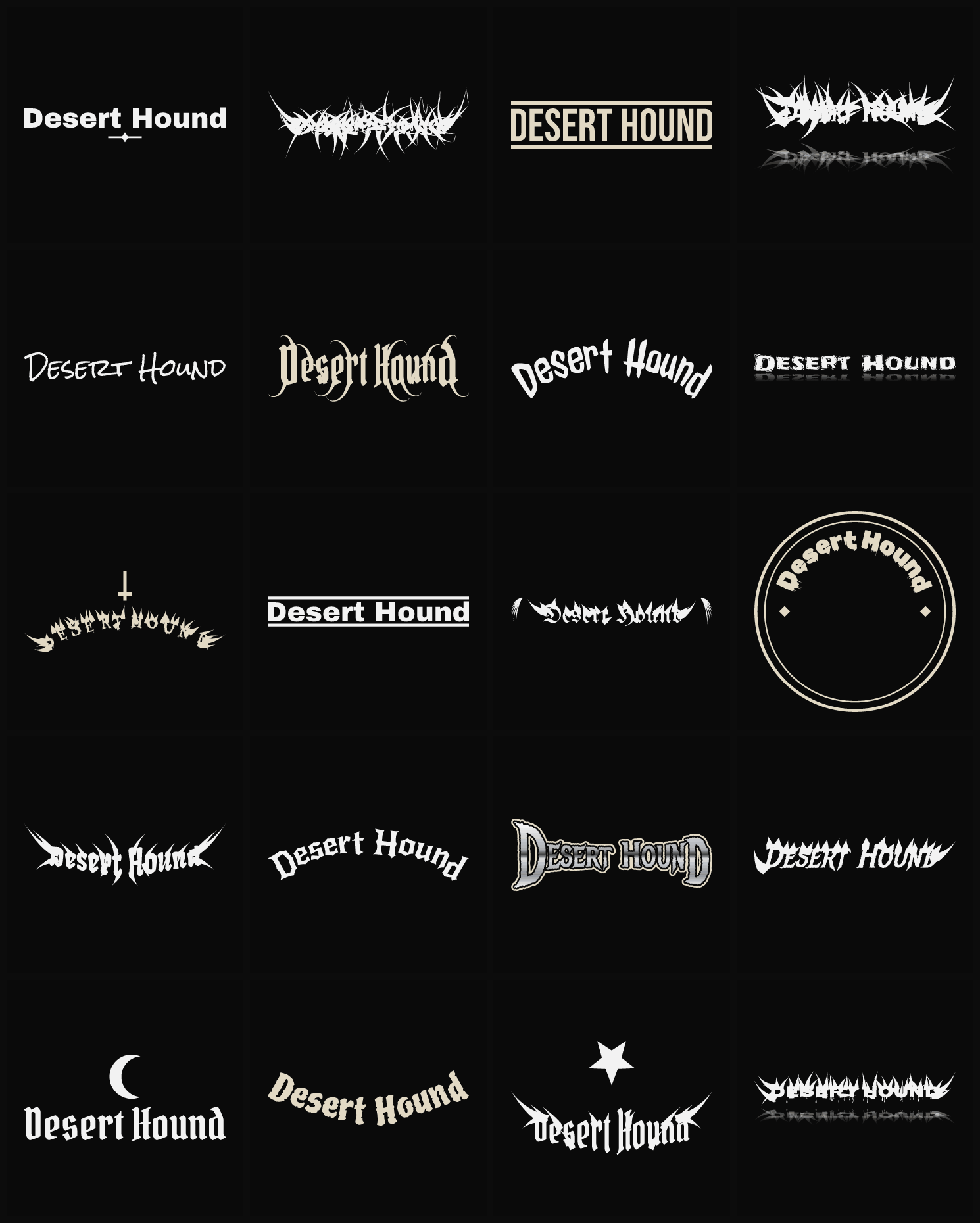 Twenty Desert Hound band logo ideas — different faces, treatments and spike settings