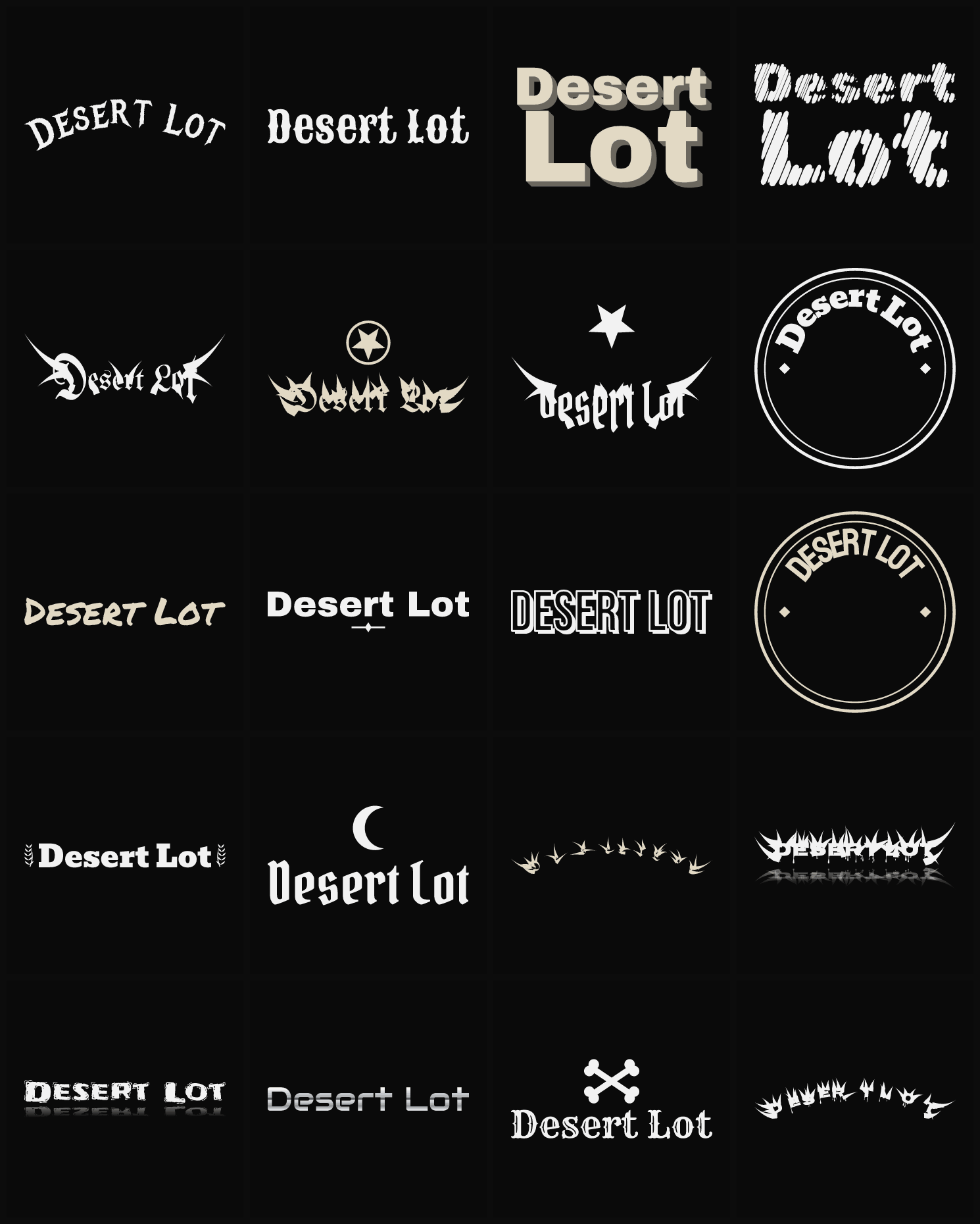 Twenty Desert Lot band logo ideas — different faces, treatments and spike settings