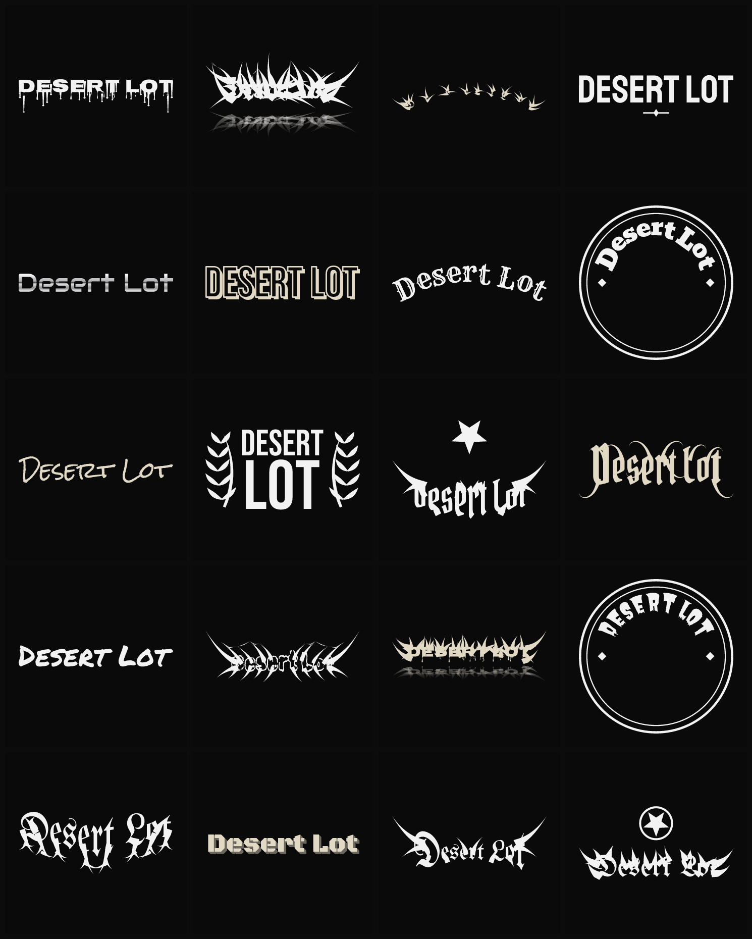 Twenty Desert Lot band logo ideas — different faces, treatments and spike settings