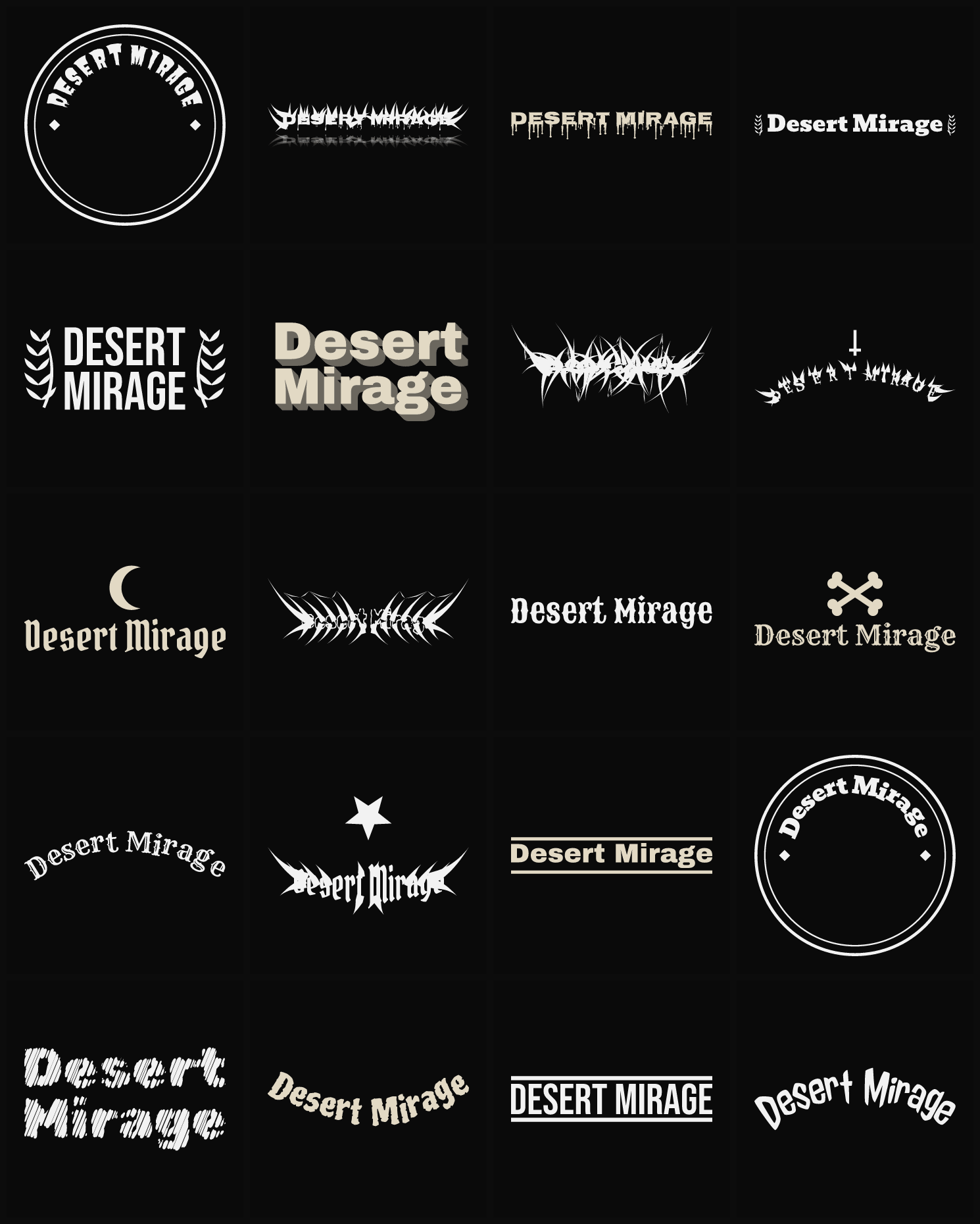 Twenty Desert Mirage band logo ideas — different faces, treatments and spike settings