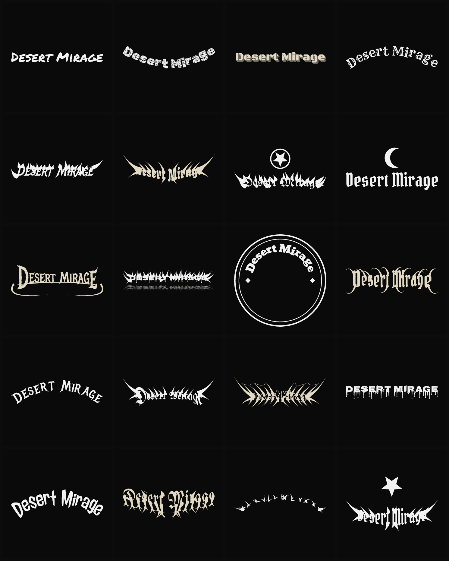 Twenty Desert Mirage band logo ideas — different faces, treatments and spike settings