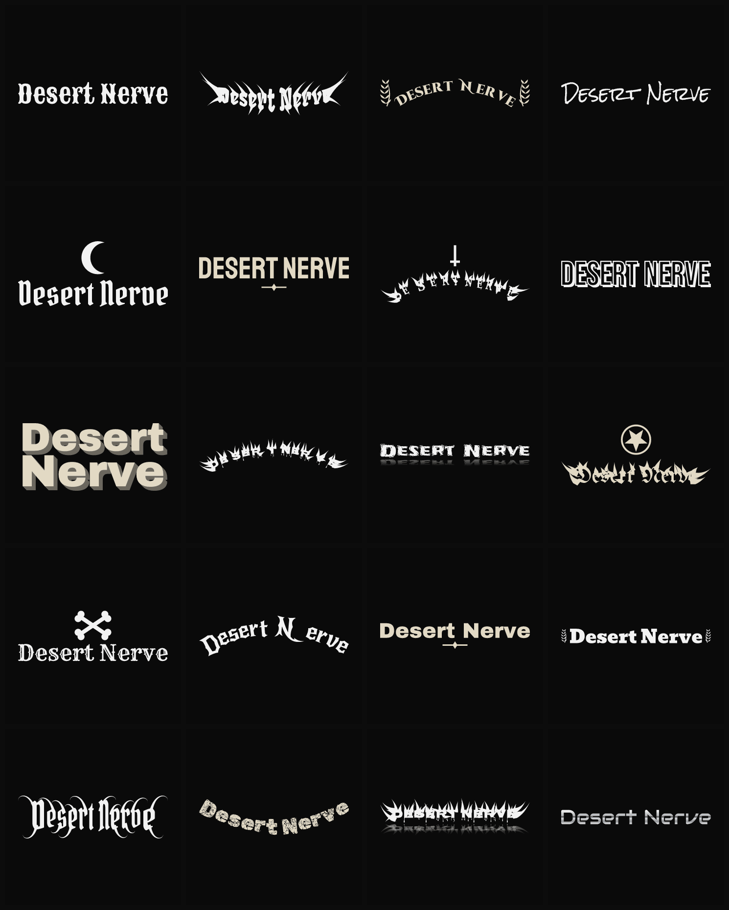Twenty Desert Nerve band logo ideas — different faces, treatments and spike settings